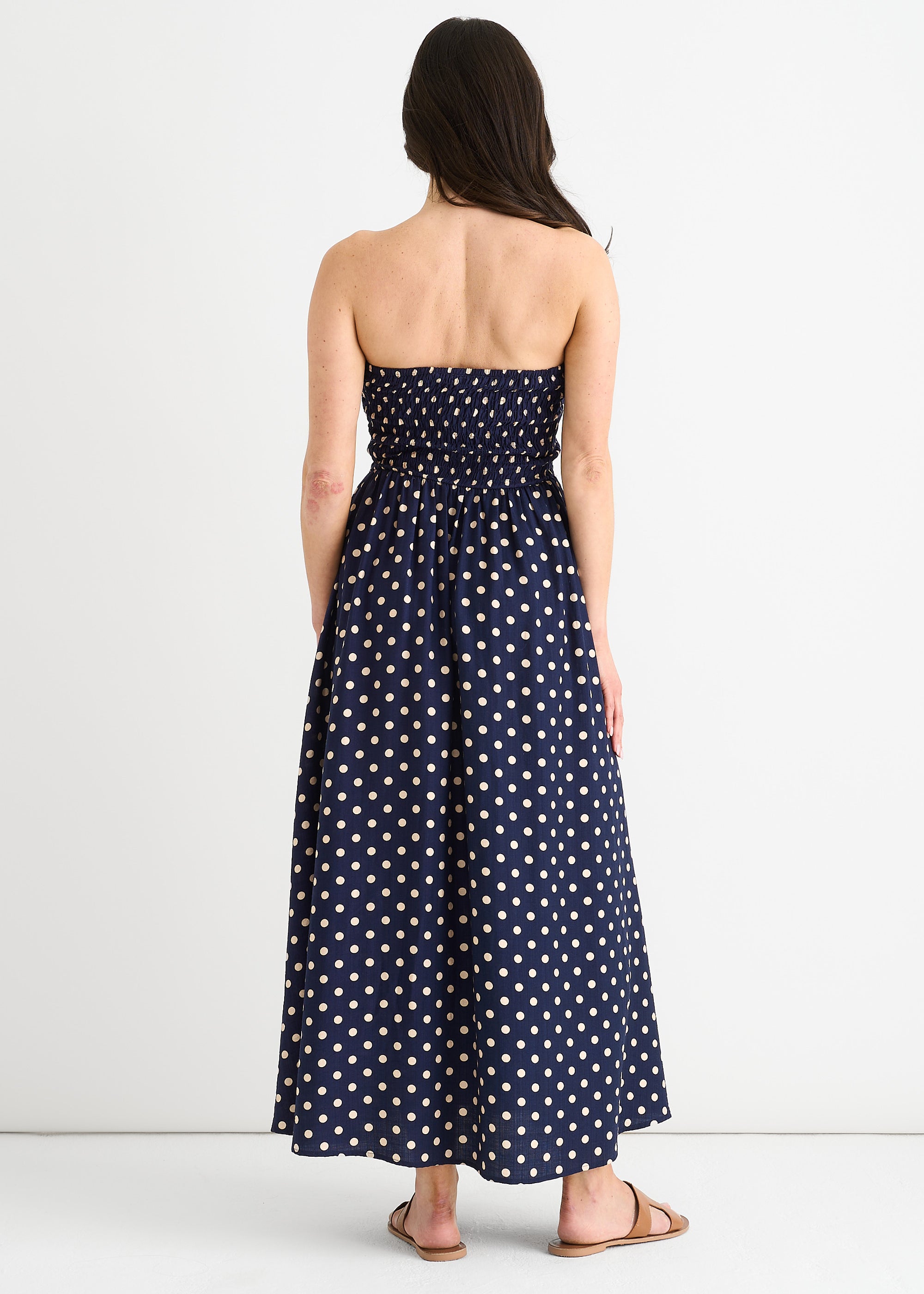 Navy Shirred Top Viscose Spot Midi Dress