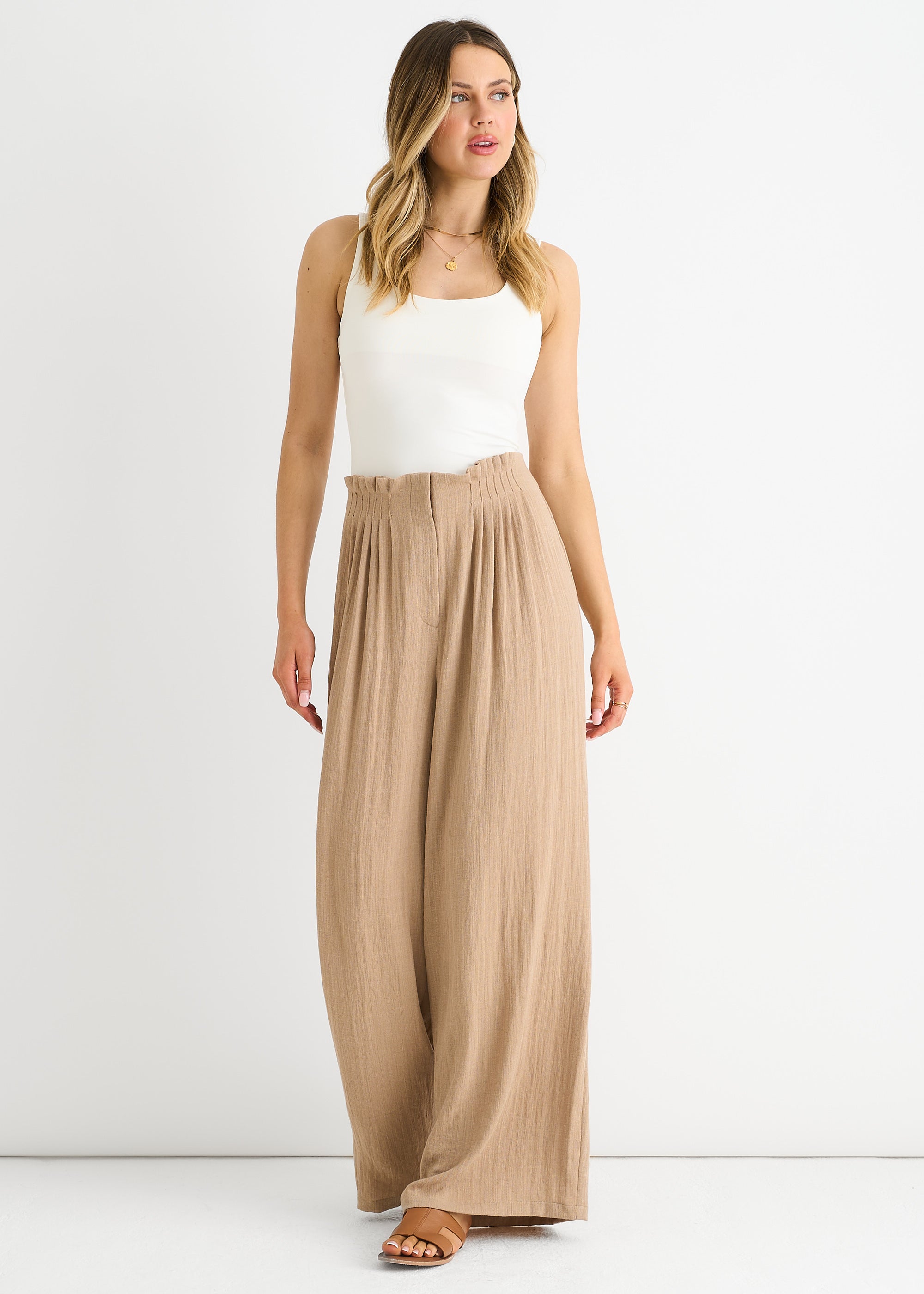 Camel Paperbag Waist Wide Leg Trousers