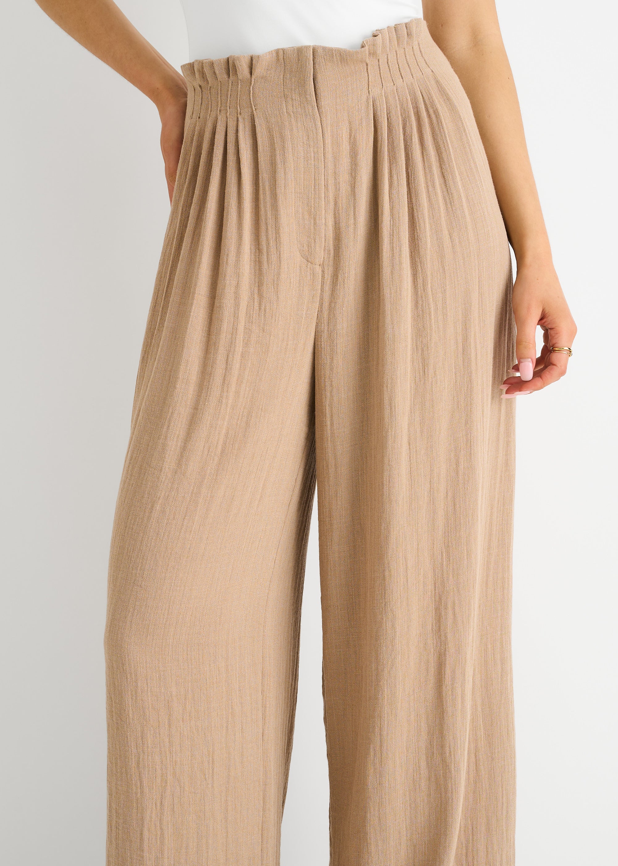 Camel Paperbag Waist Wide Leg Trousers