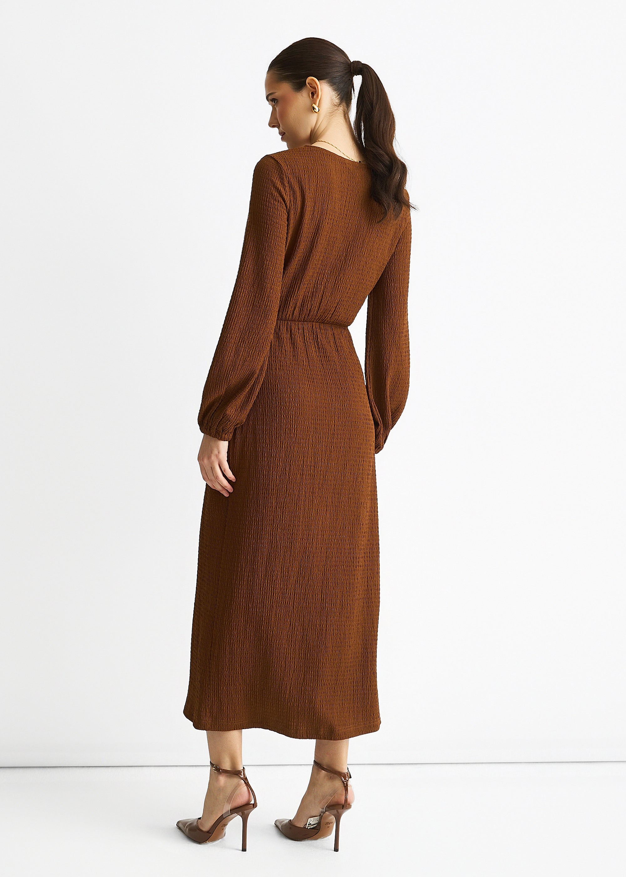 Brown Jersey Texture Wrap Metal Trim Midi Dress