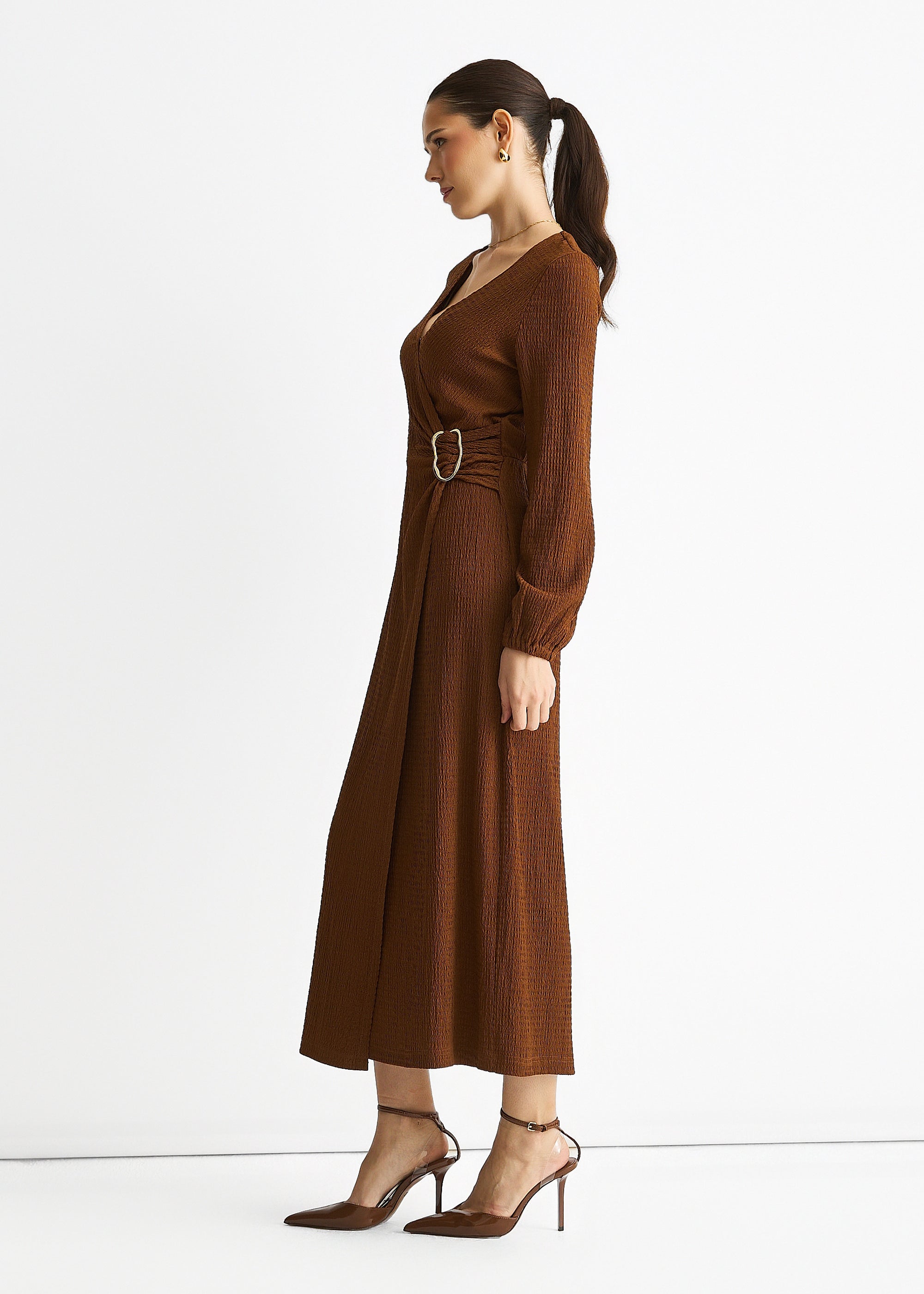 Brown Jersey Texture Wrap Metal Trim Midi Dress