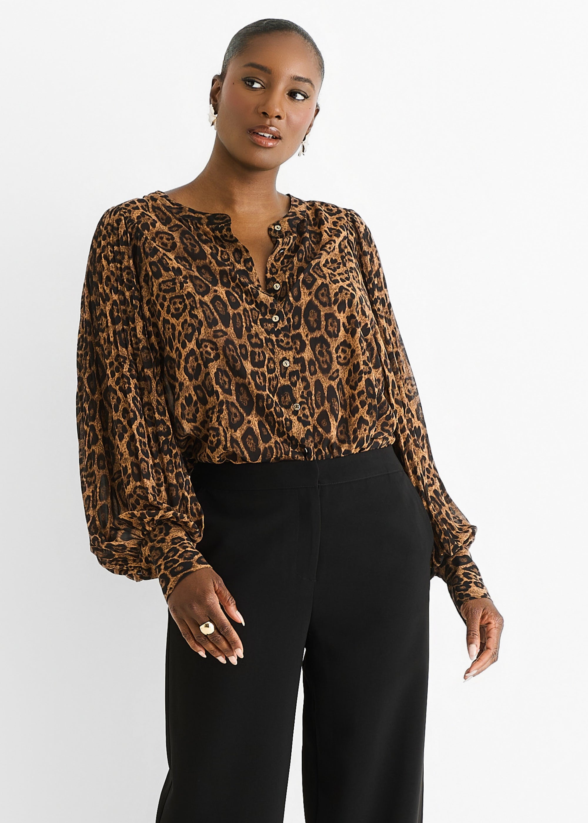 Brown Chiffon Animal Print Pleated Shift Shirt Blouse