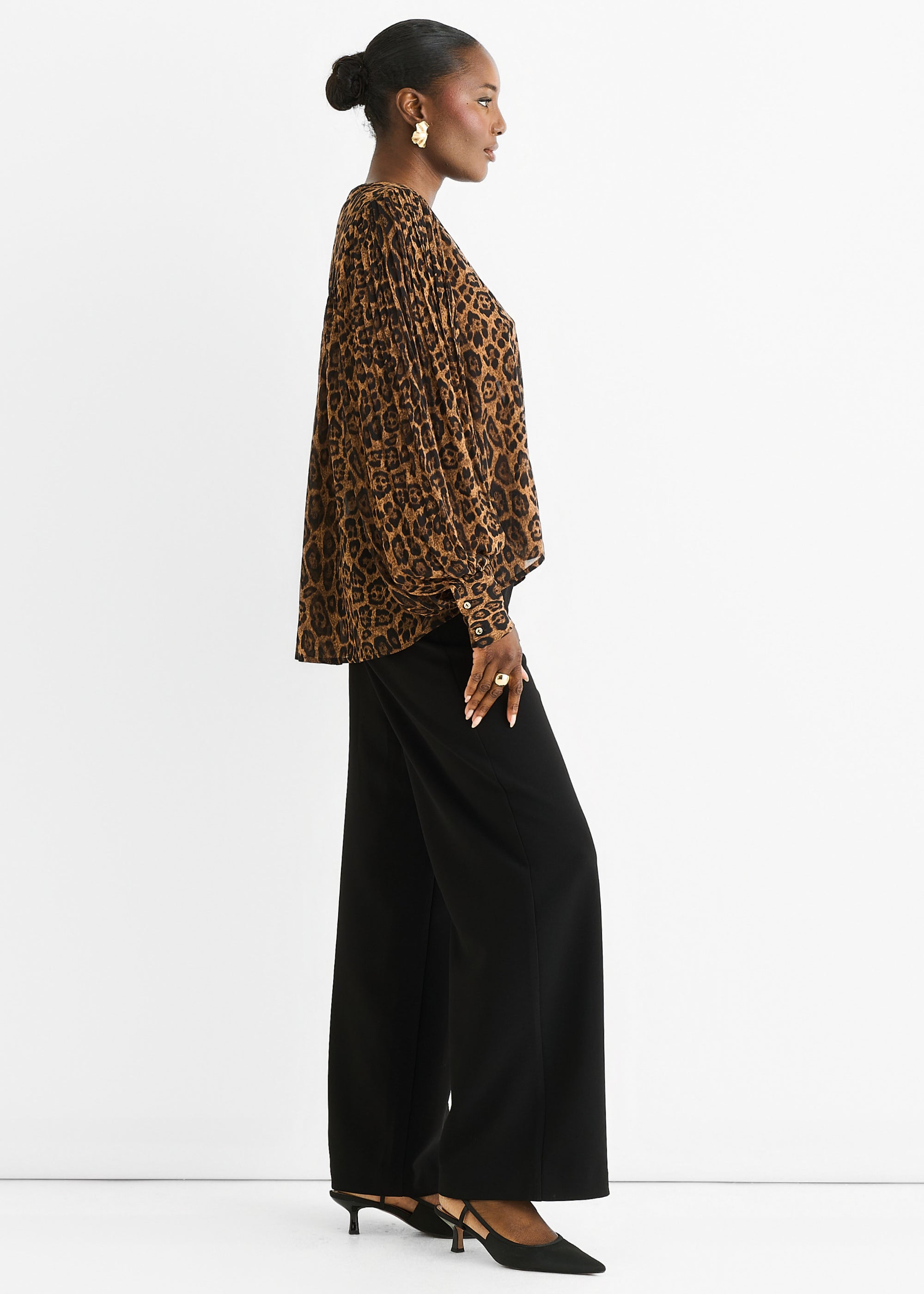 Brown Chiffon Animal Print Pleated Shift Shirt Blouse