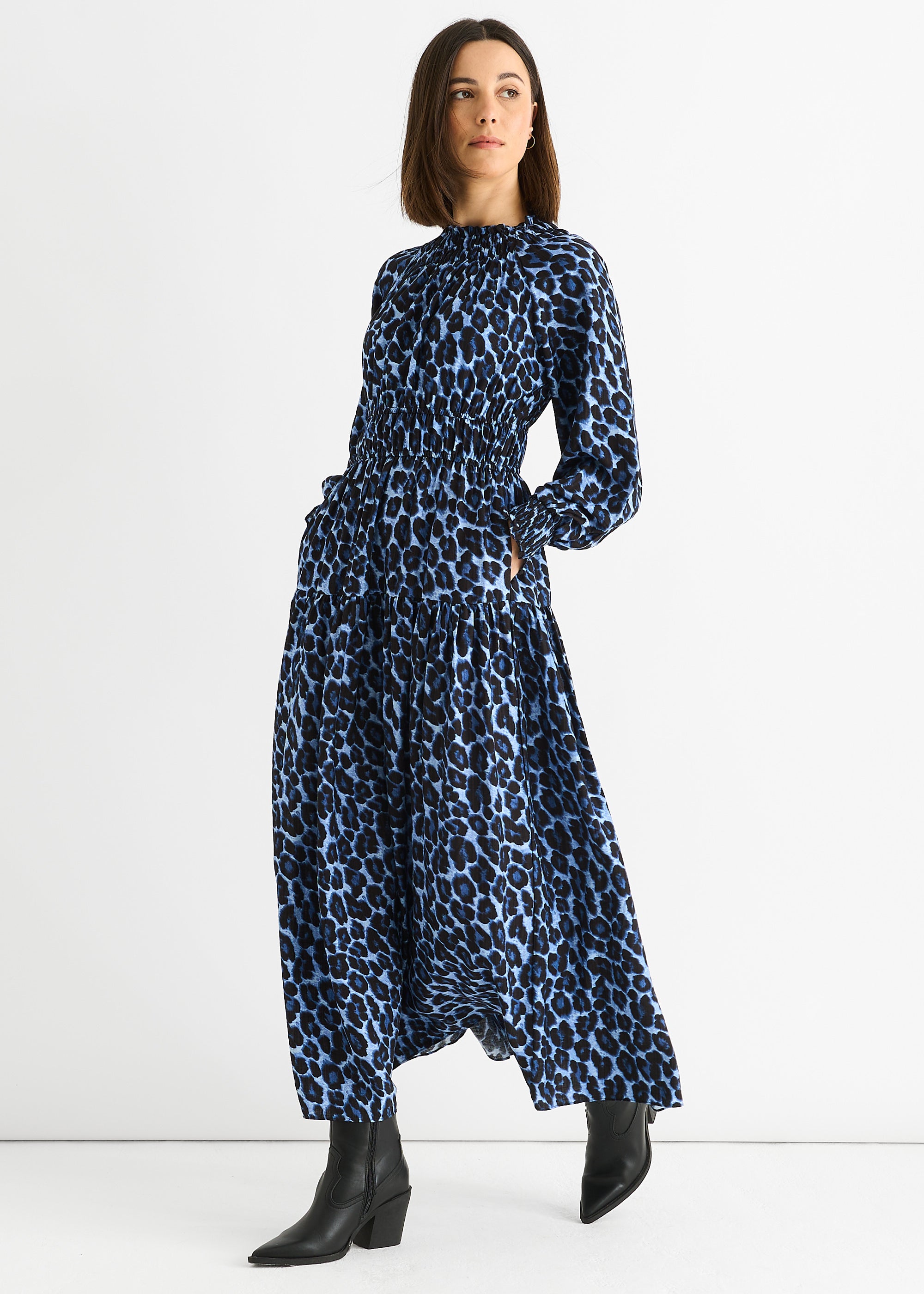 Blue Animal Print Shirred High Neck Maxi Dress