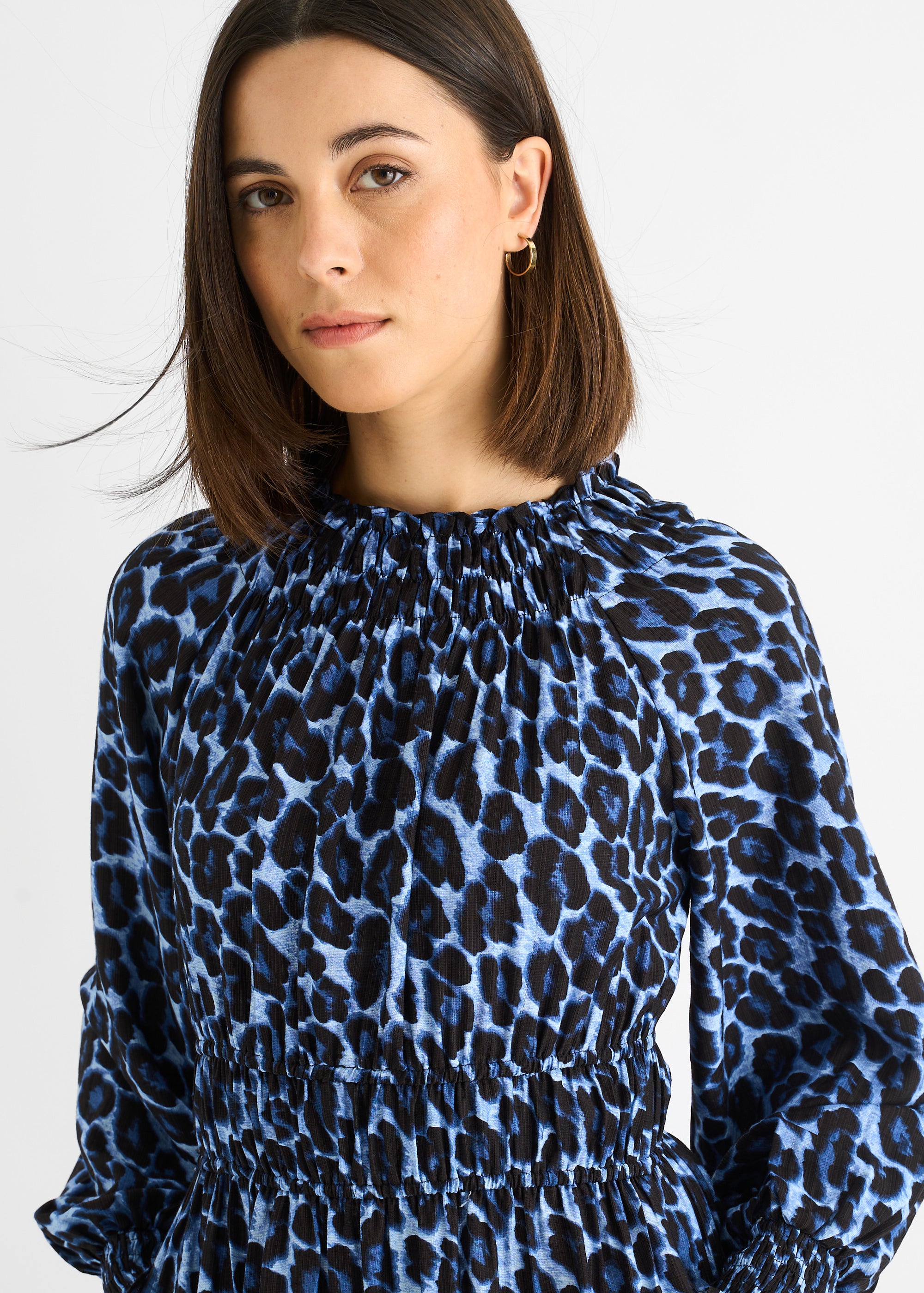 Blue Animal Print Shirred High Neck Maxi Dress