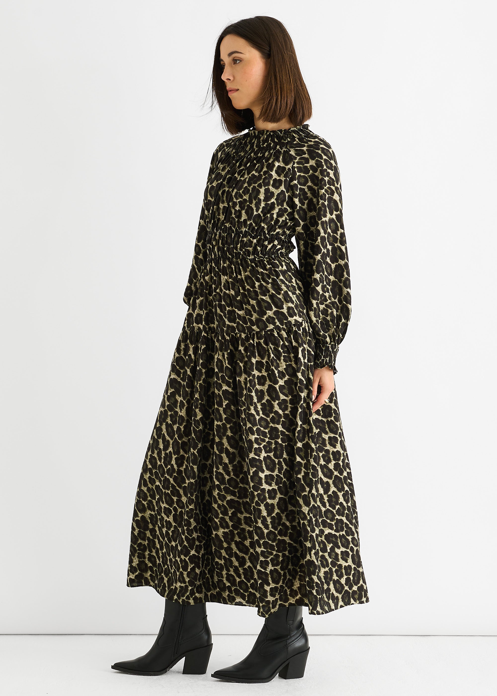 Khaki Animal Print Shirred High Neck Maxi Dress