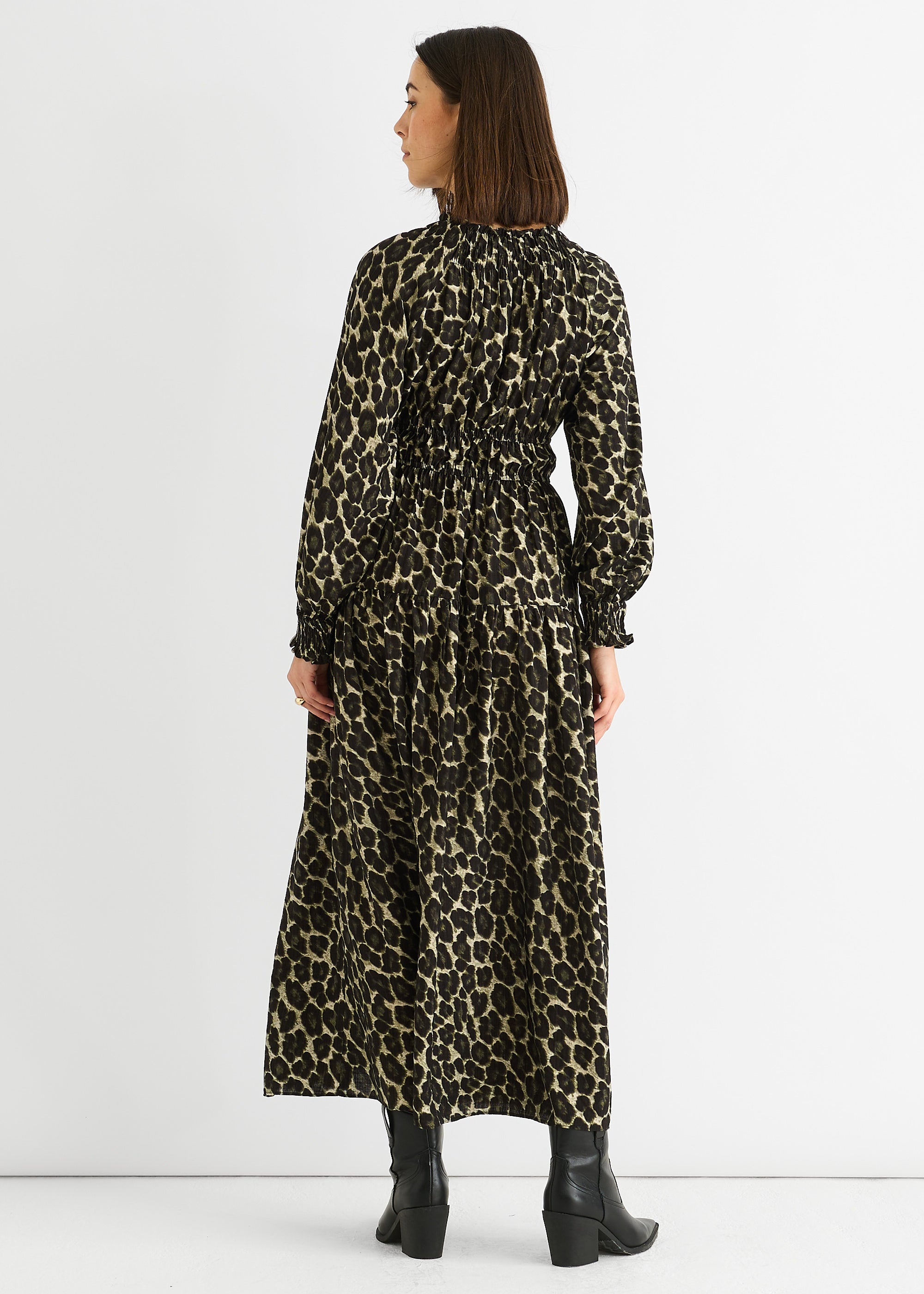 Khaki Animal Print Shirred High Neck Maxi Dress