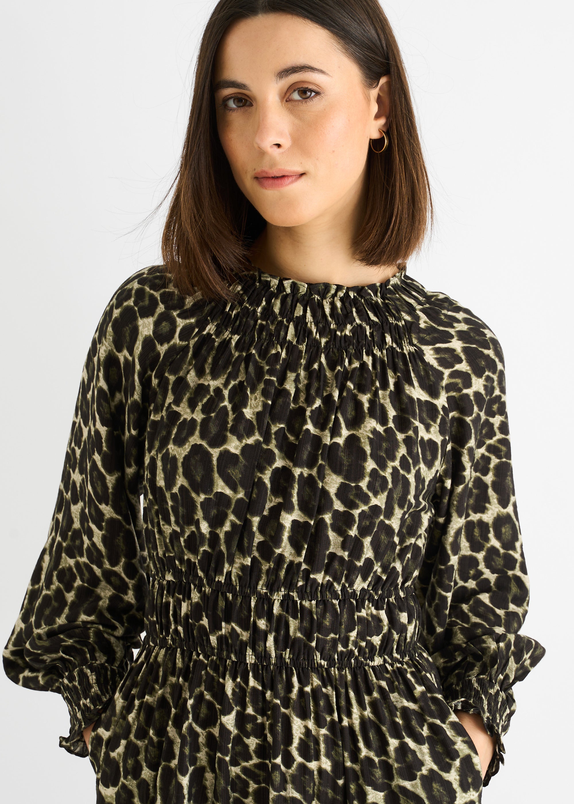 Khaki Animal Print Shirred High Neck Maxi Dress