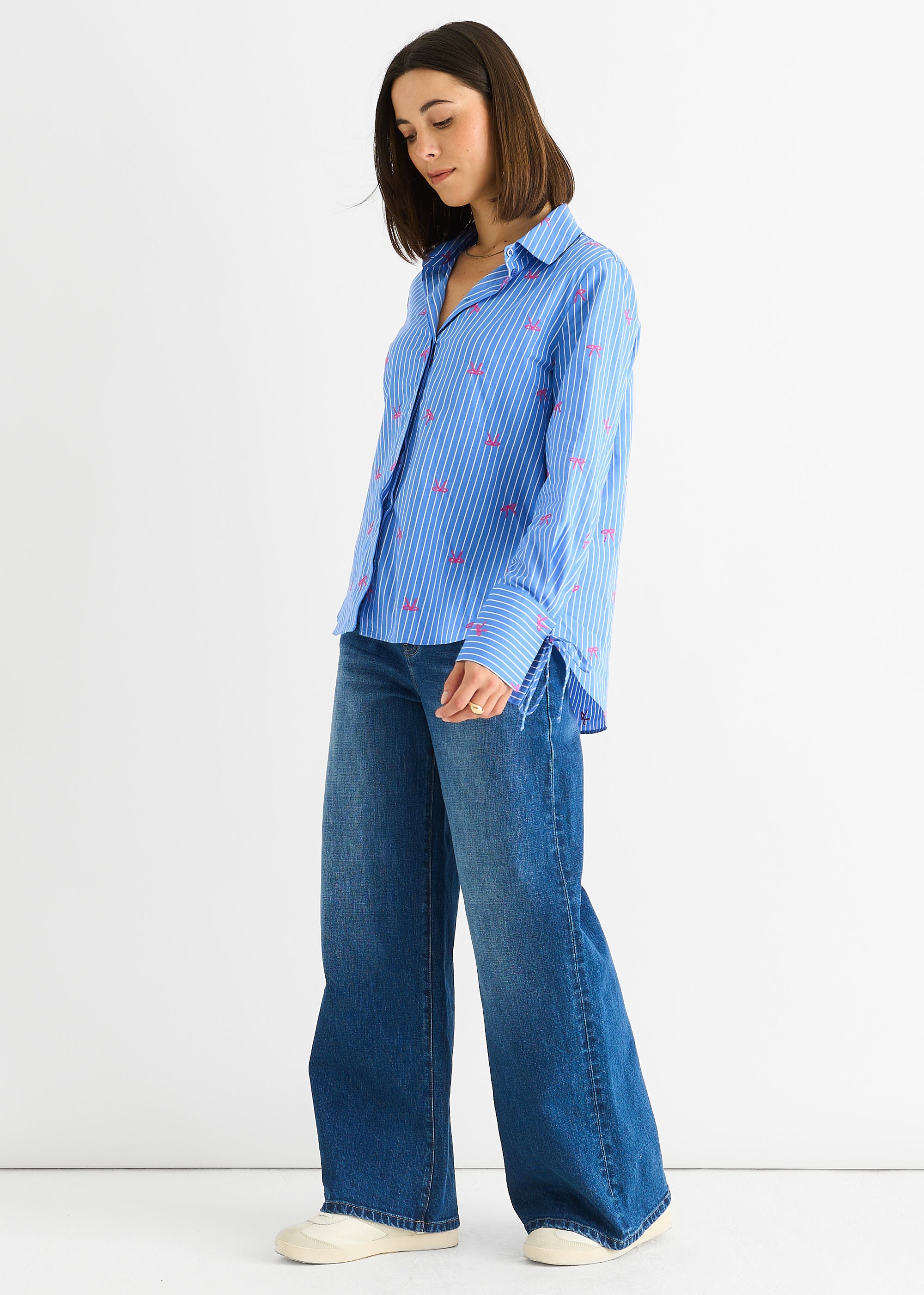 Blue Bow Embroidered Extreme Cuff Stripe Shirt