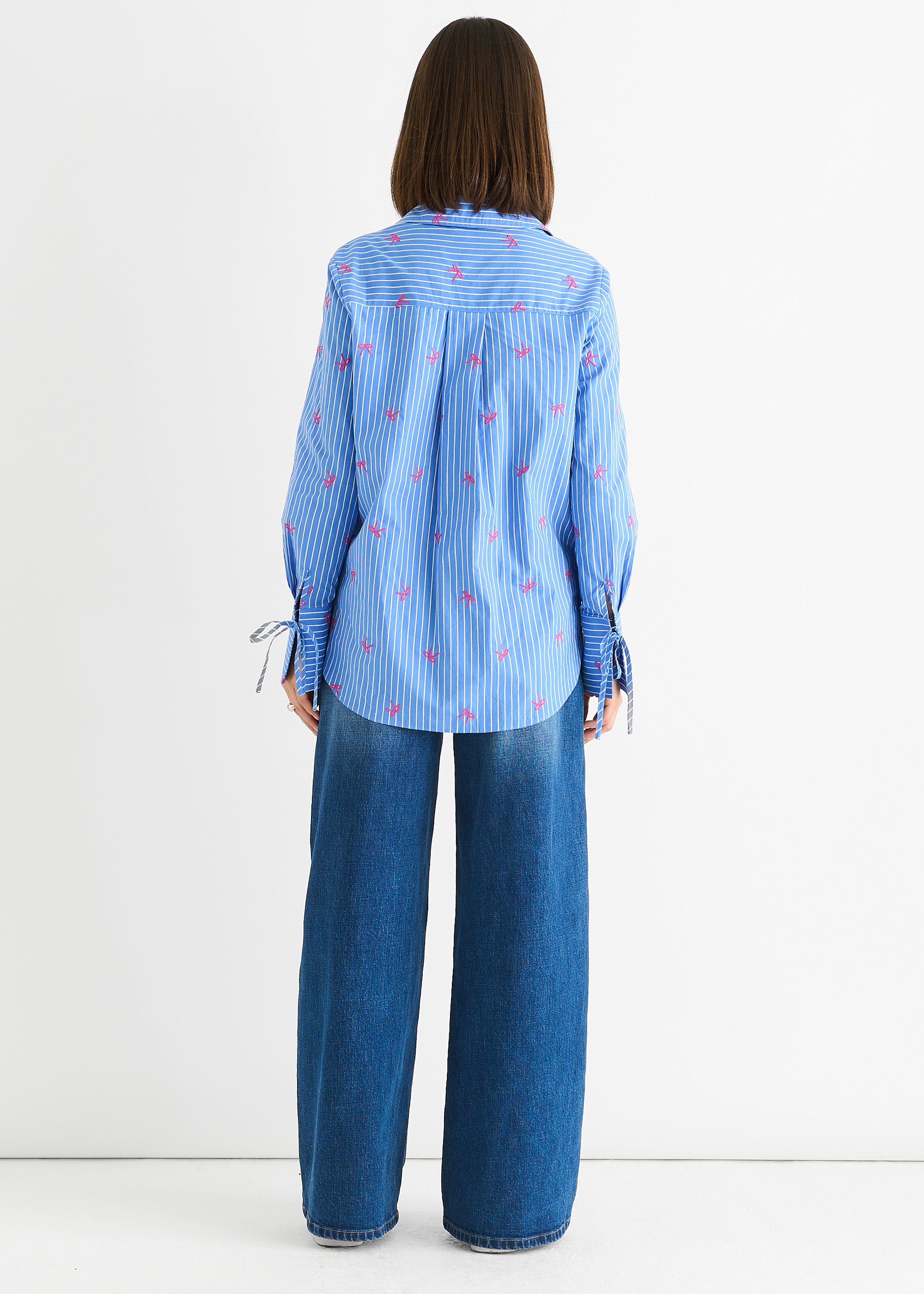 Blue Bow Embroidered Extreme Cuff Stripe Shirt