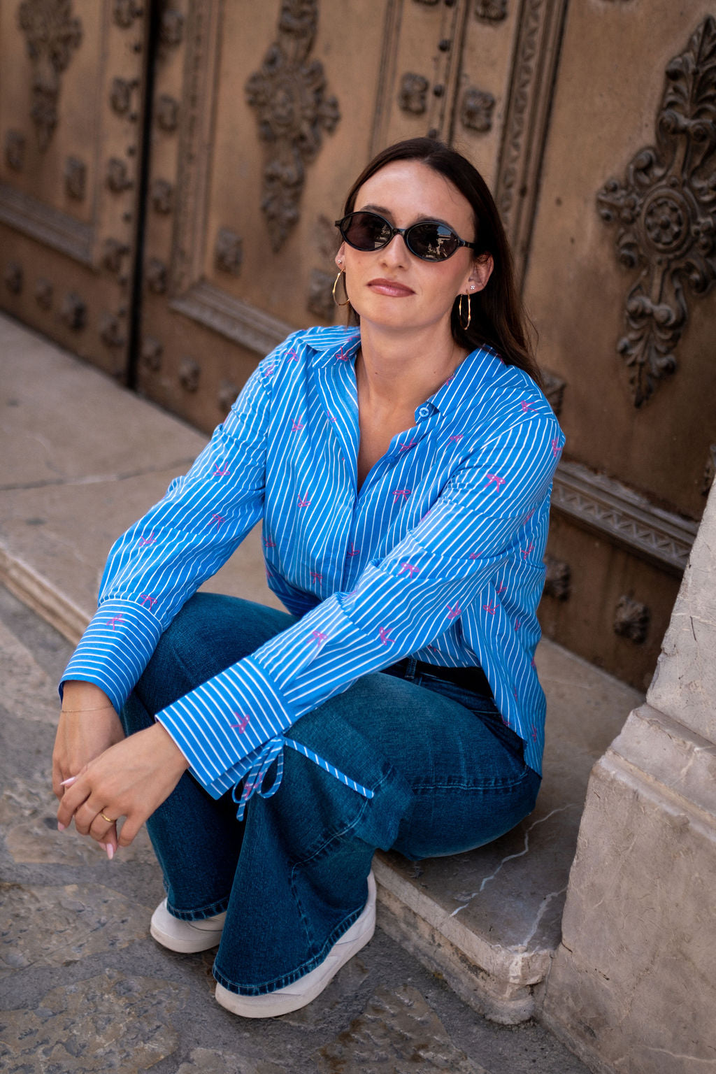Blue Bow Embroidered Extreme Cuff Stripe Shirt