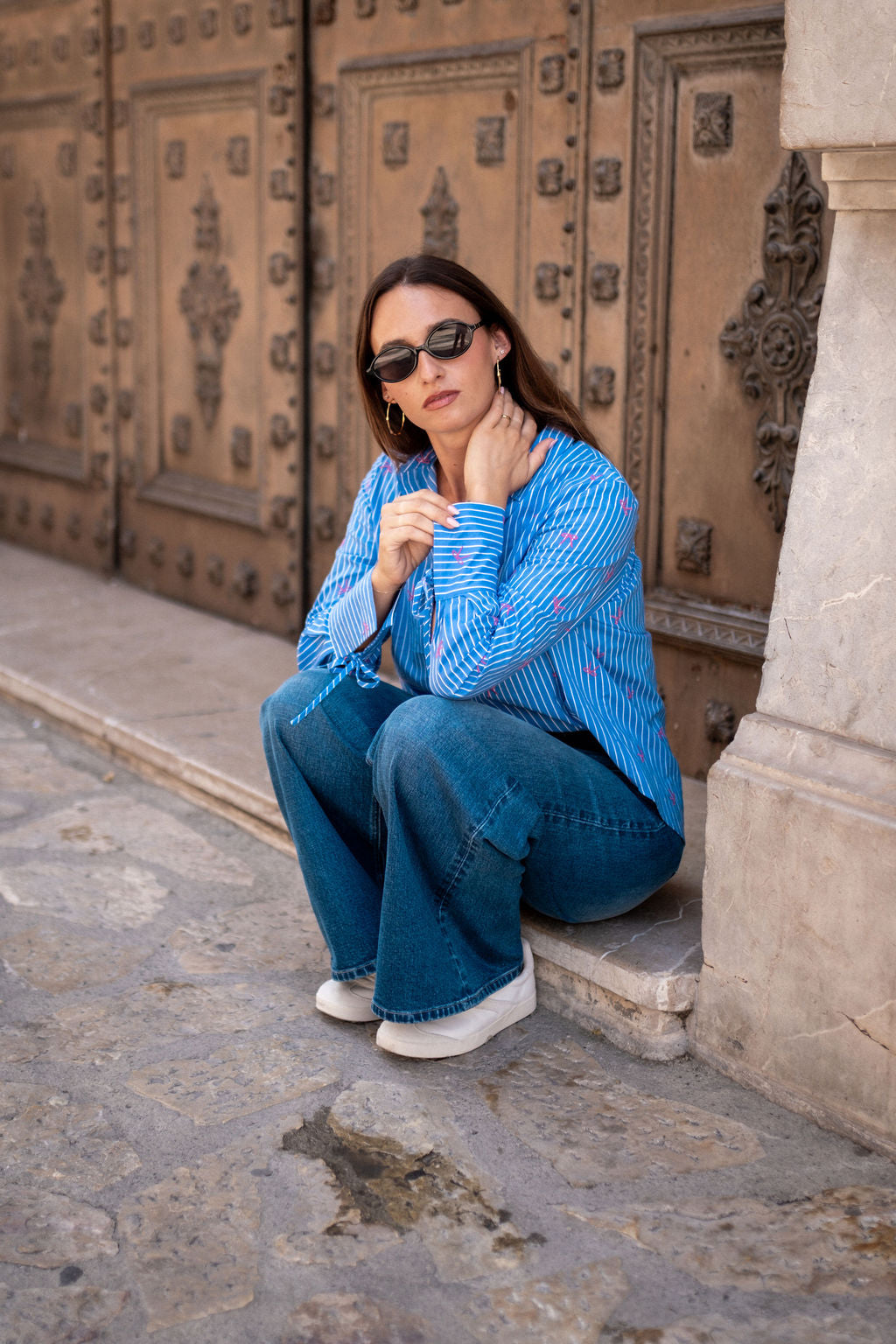 Blue Bow Embroidered Extreme Cuff Stripe Shirt