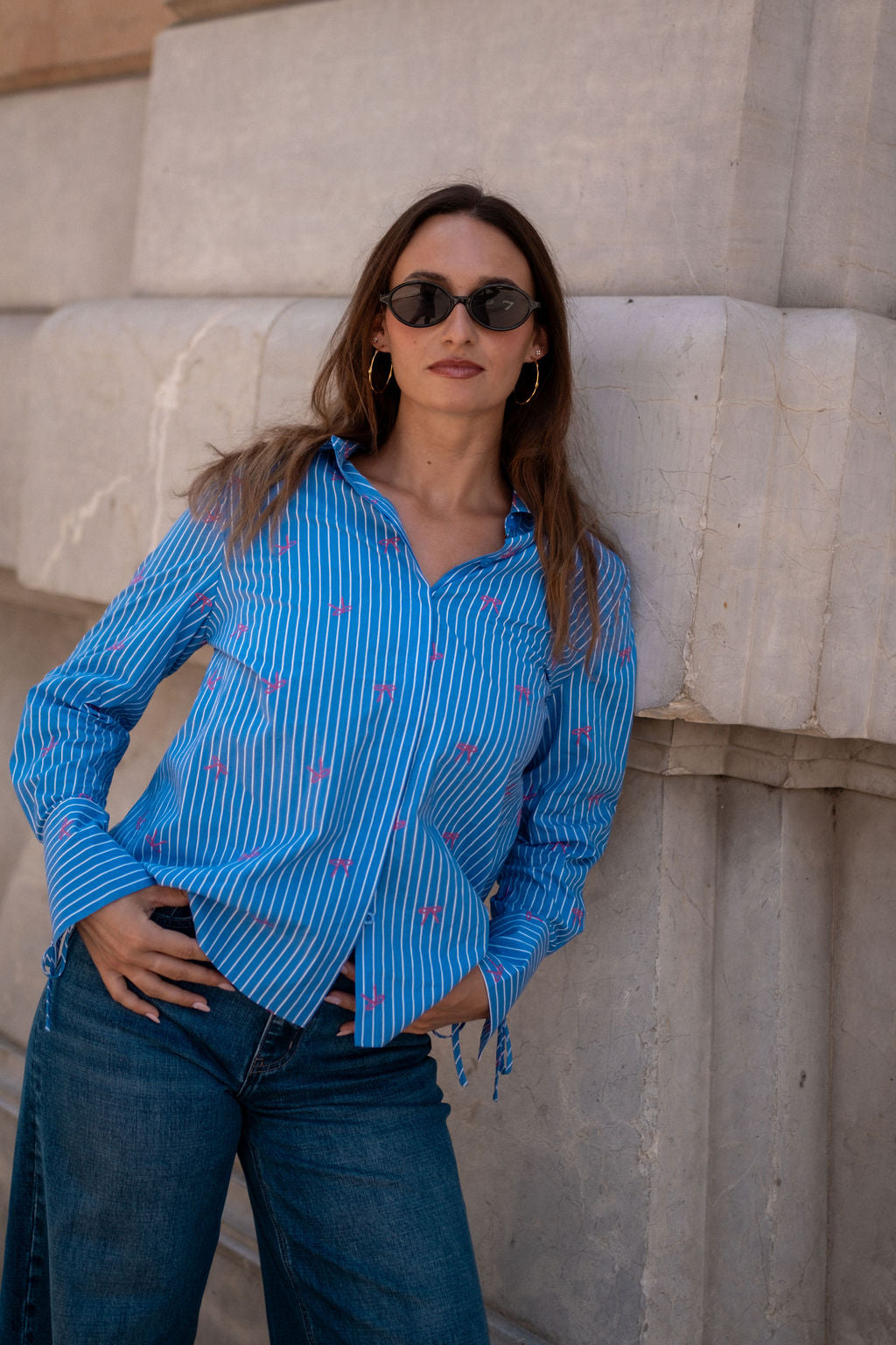 Blue Bow Embroidered Extreme Cuff Stripe Shirt