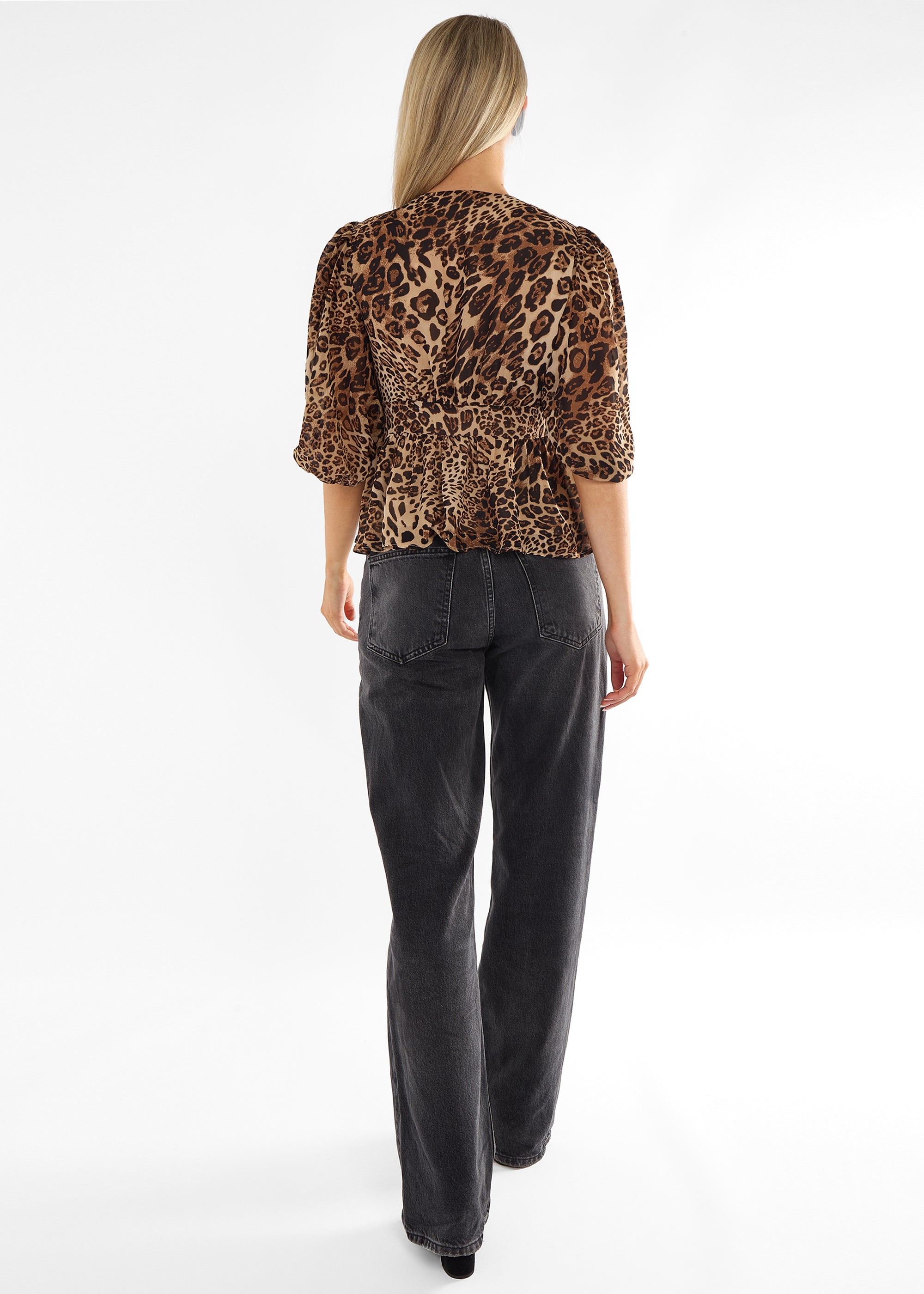 Brown Animal Print V Neck Peplum Blouse