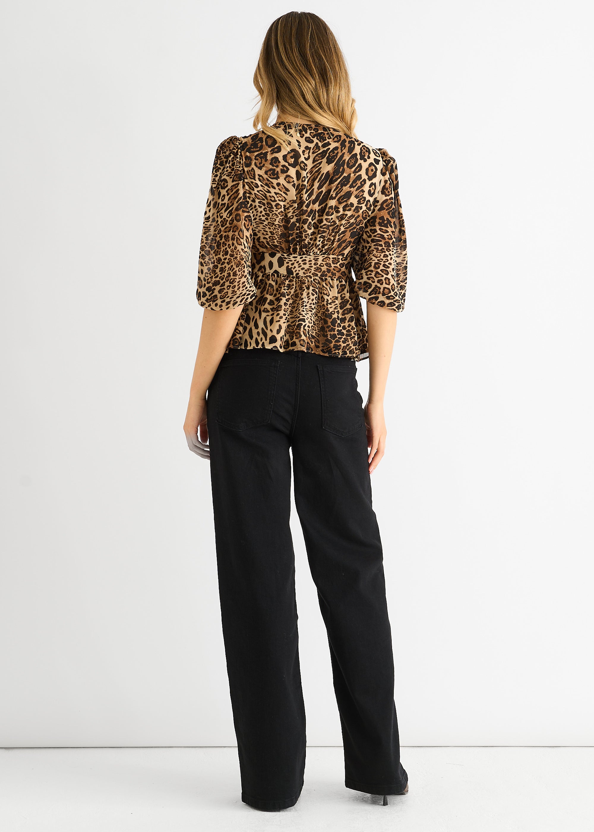 Brown Animal Print V Neck Peplum Blouse