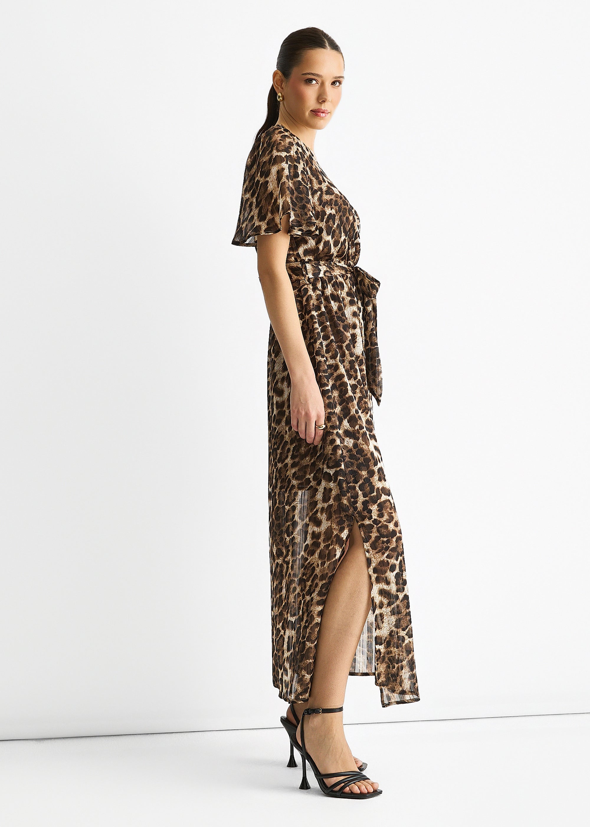 Brown Chiffon Animal Lurex Stripe Wrap Midi Dress