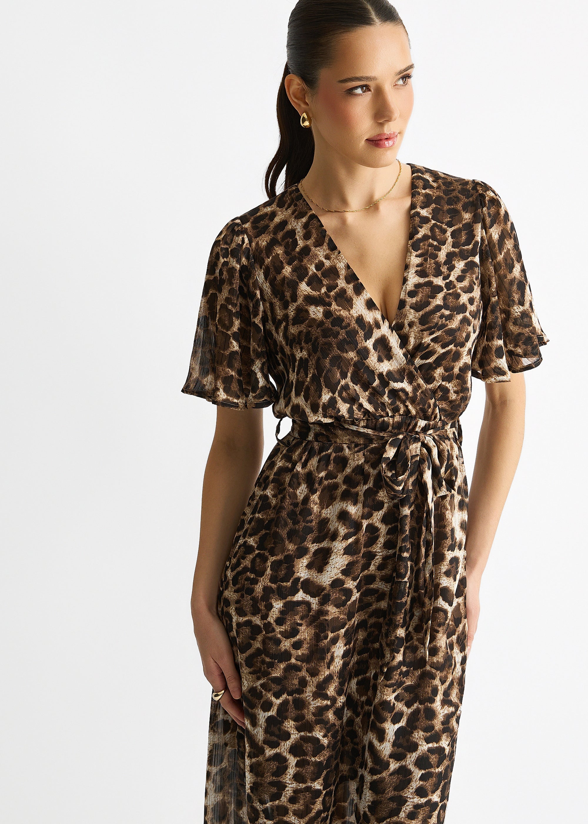 Brown Chiffon Animal Lurex Stripe Wrap Midi Dress