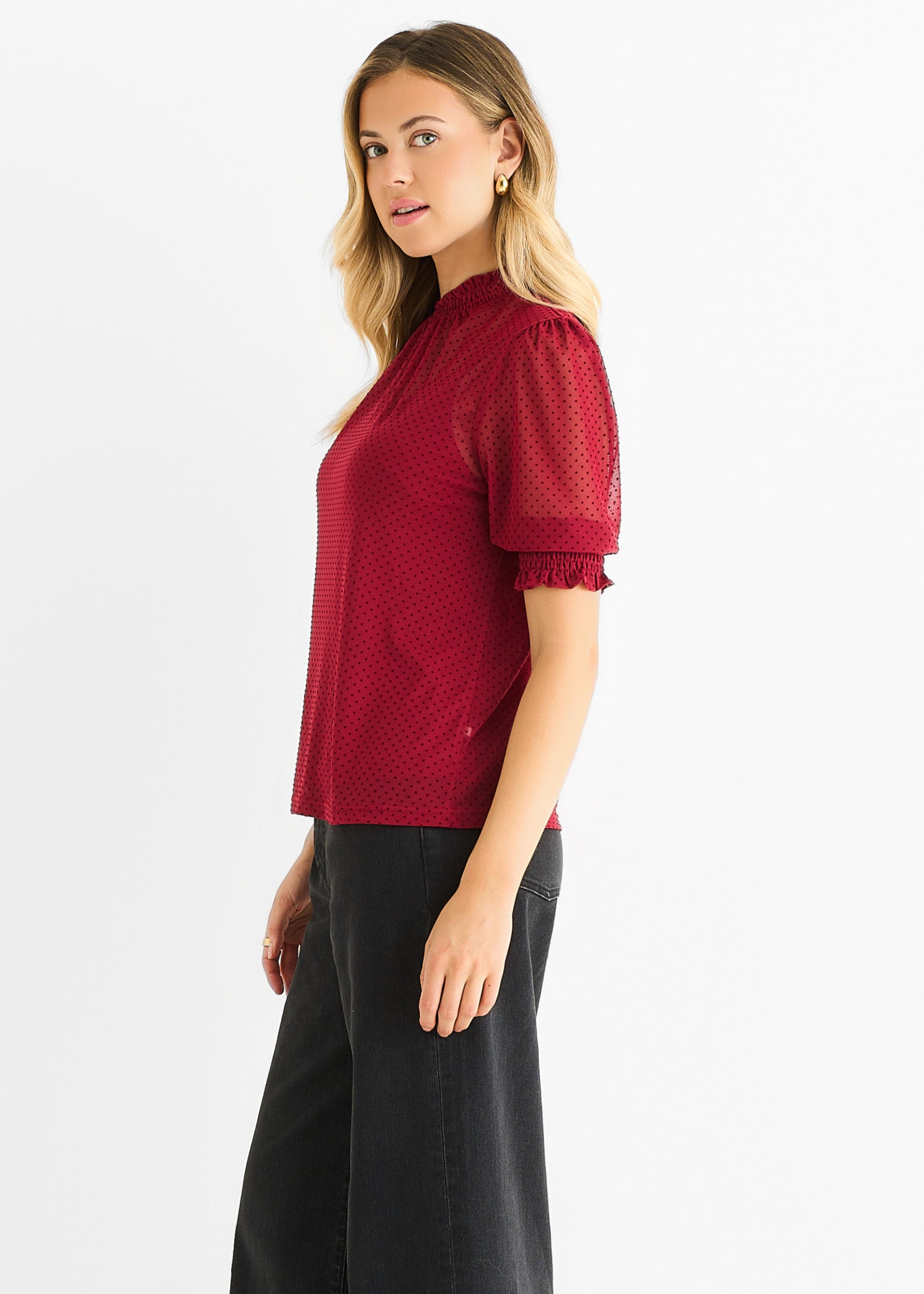 Red High Neck Lace Loose Fit Blouse