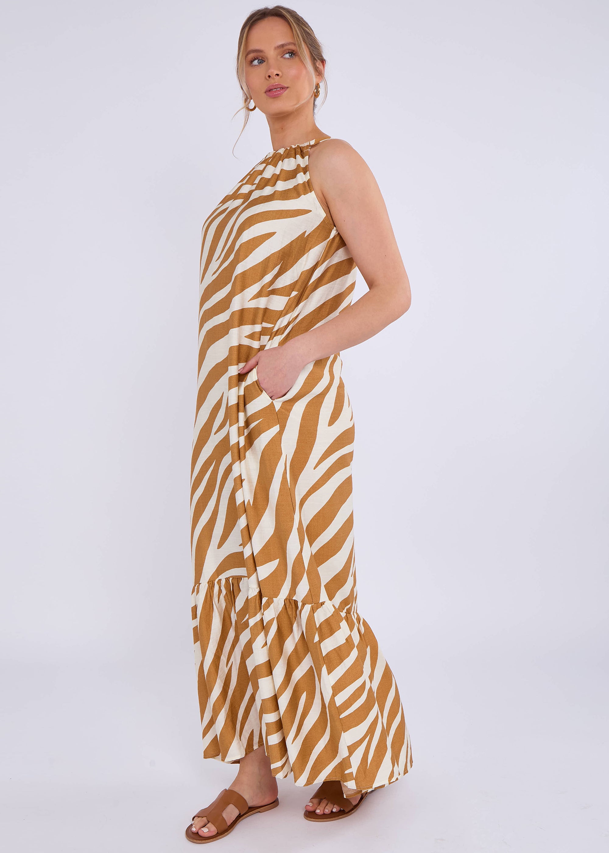 Brown Zebra Print Halter Neck Maxi Dress