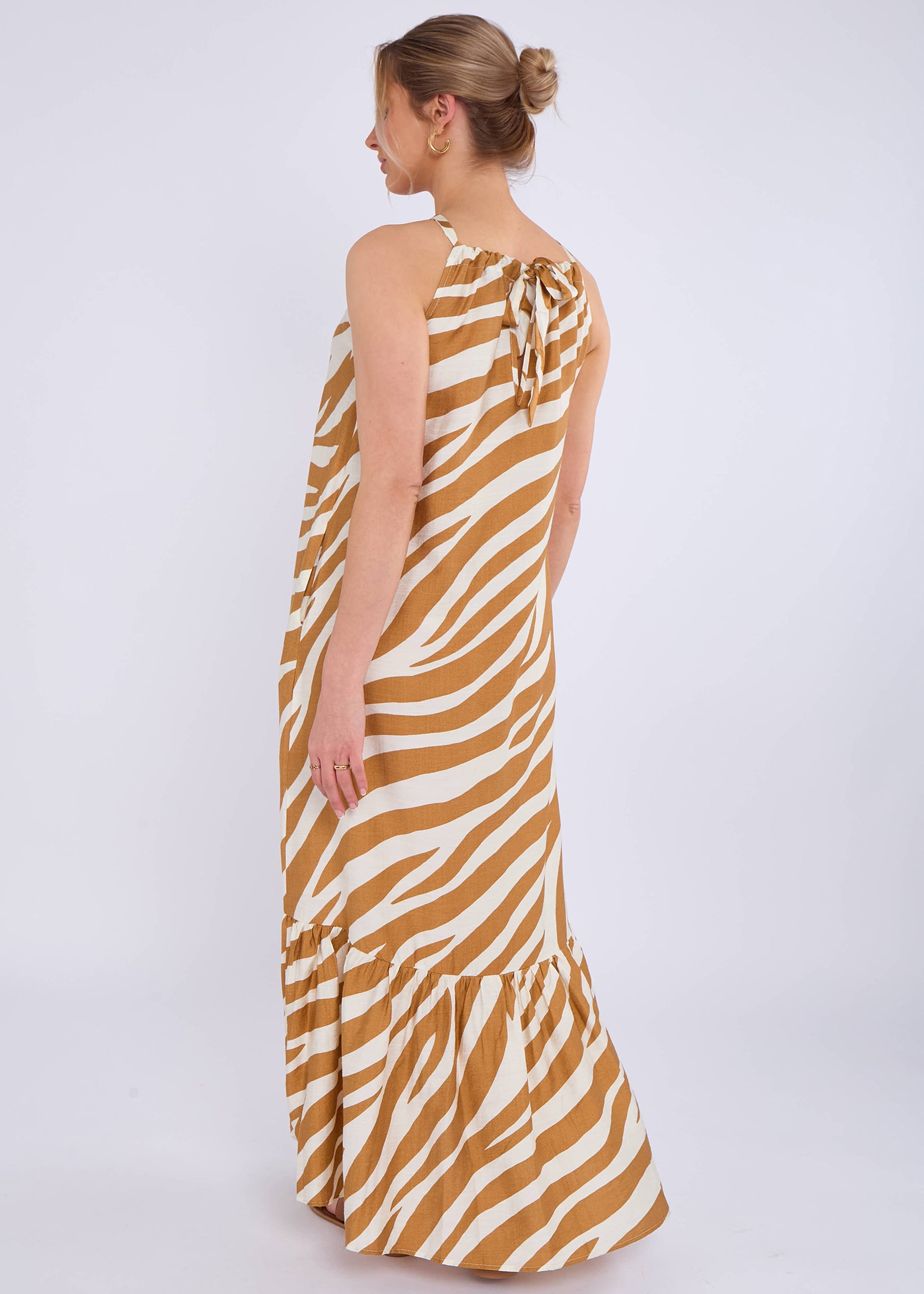 Brown Zebra Print Halter Neck Maxi Dress