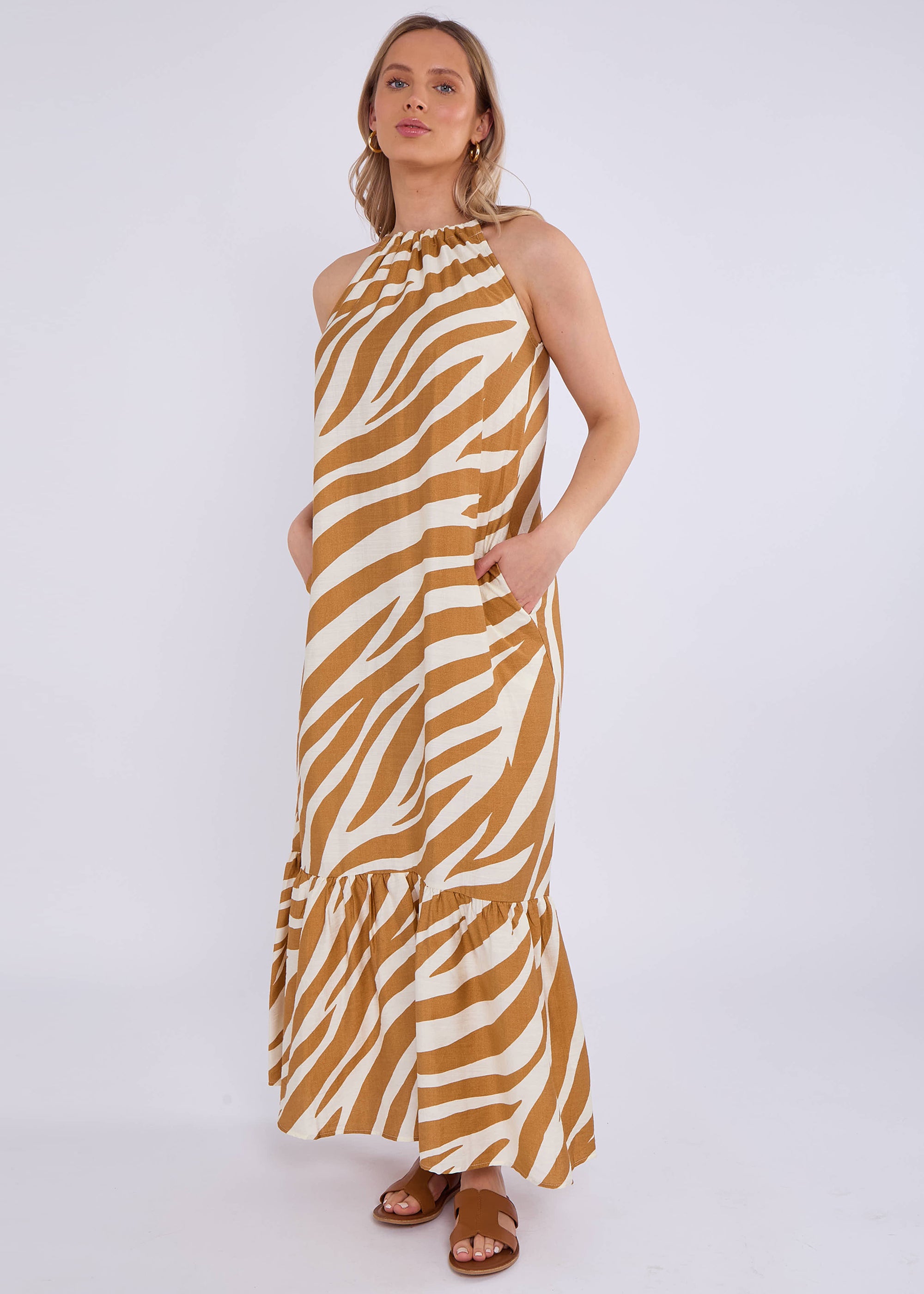 Brown Zebra Print Halter Neck Maxi Dress