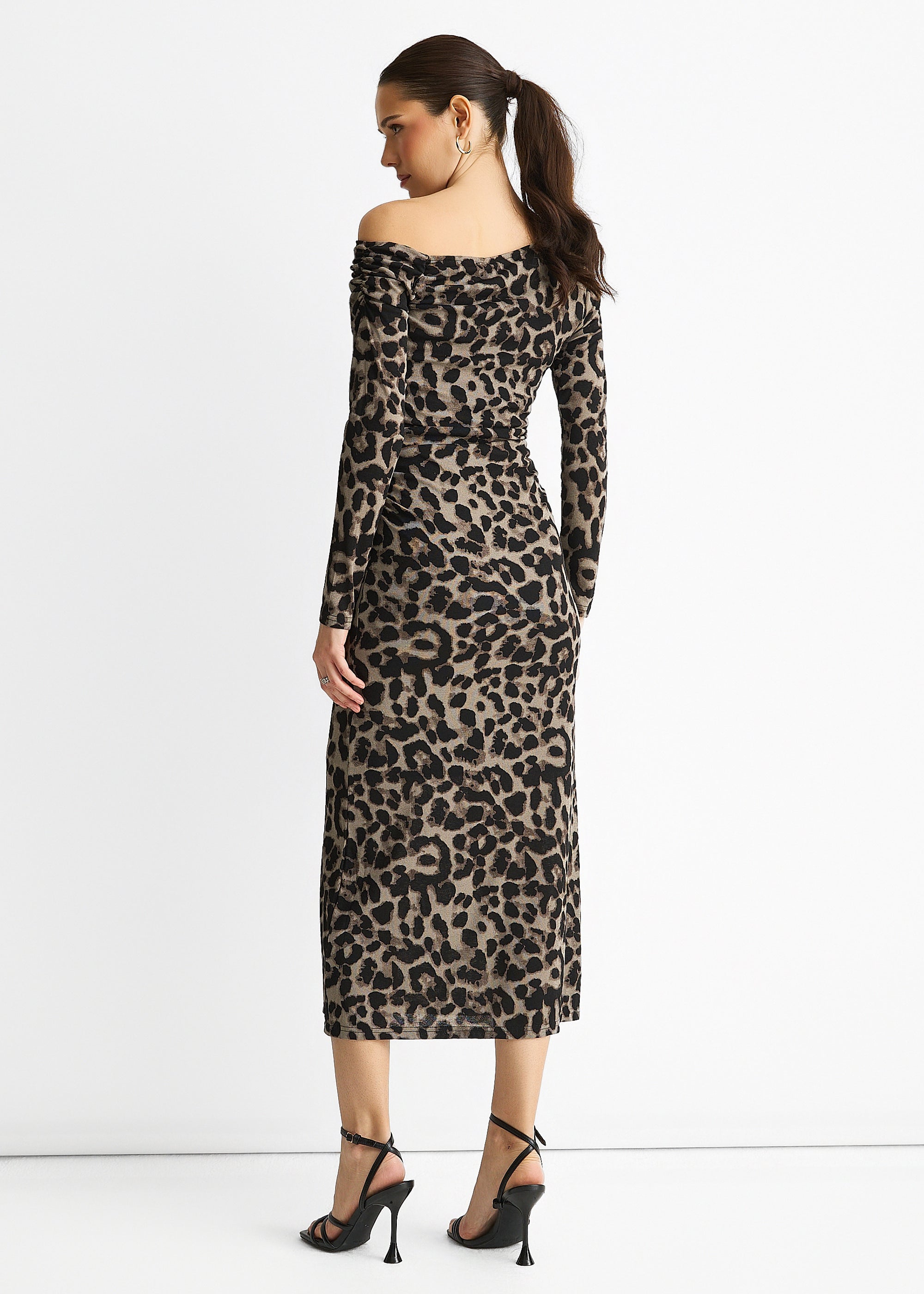 Grey Animal Jersey Animal One Shoulder Midi Dress