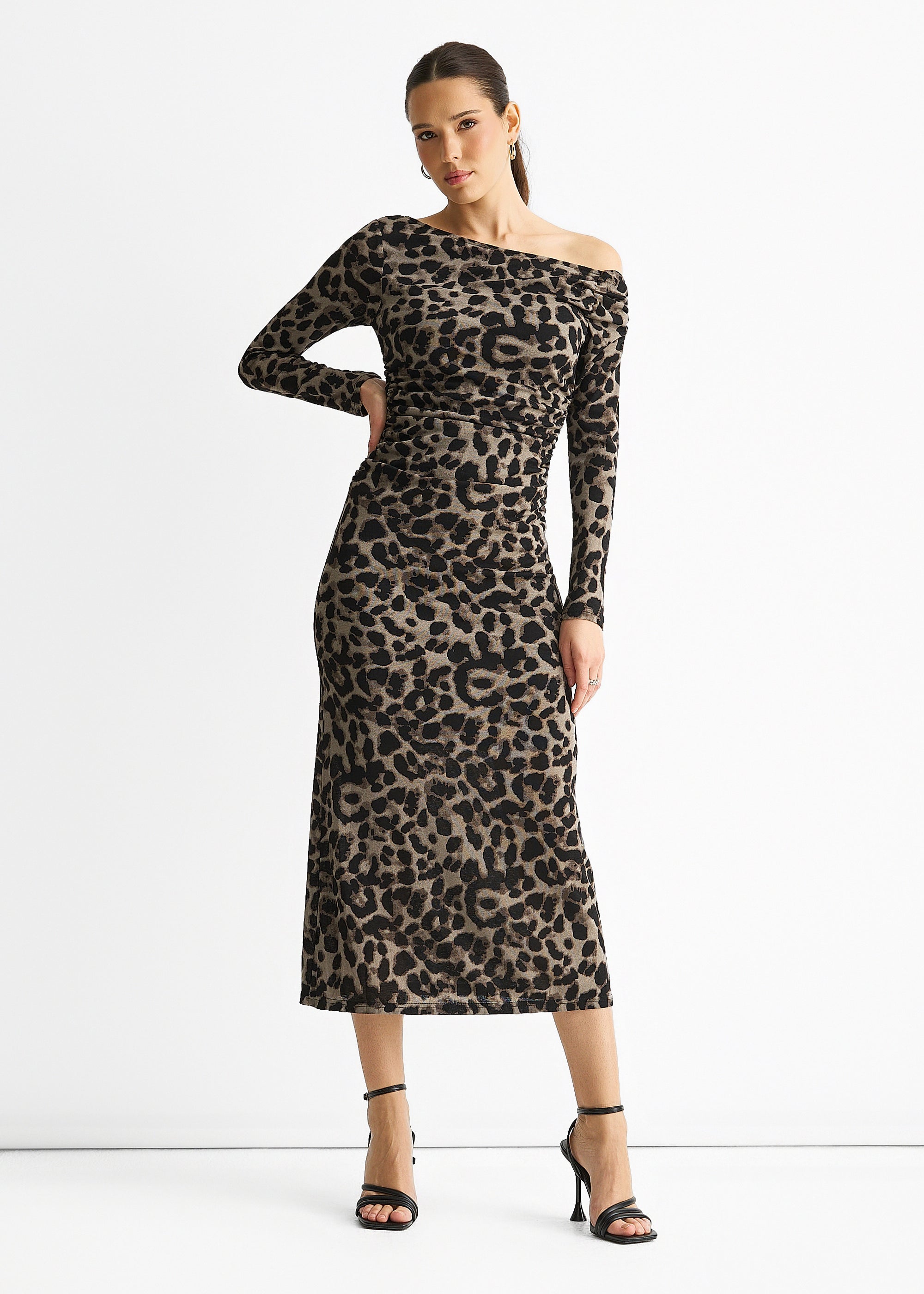 Grey Animal Jersey Animal One Shoulder Midi Dress