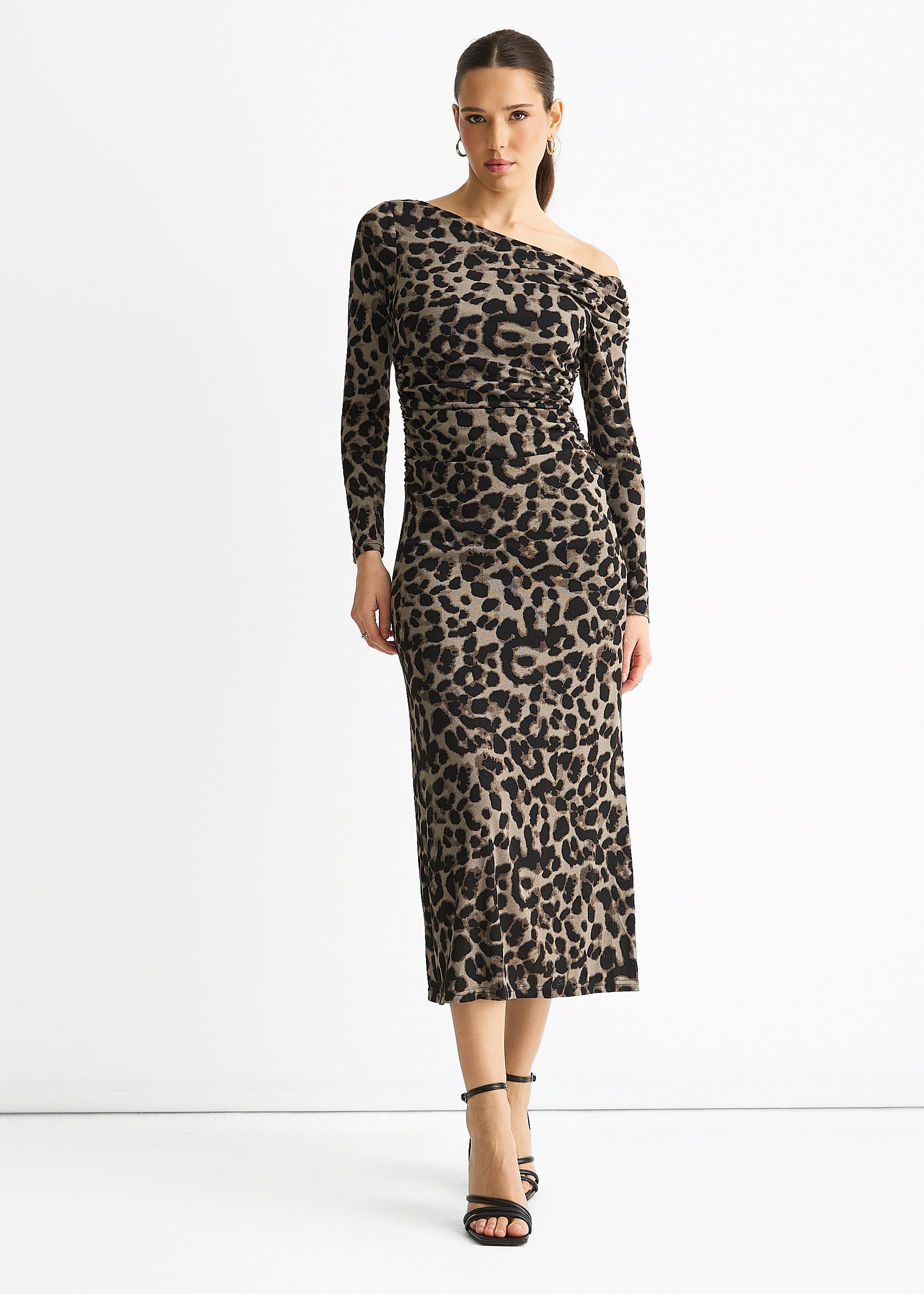 Grey Animal Jersey Animal One Shoulder Midi Dress