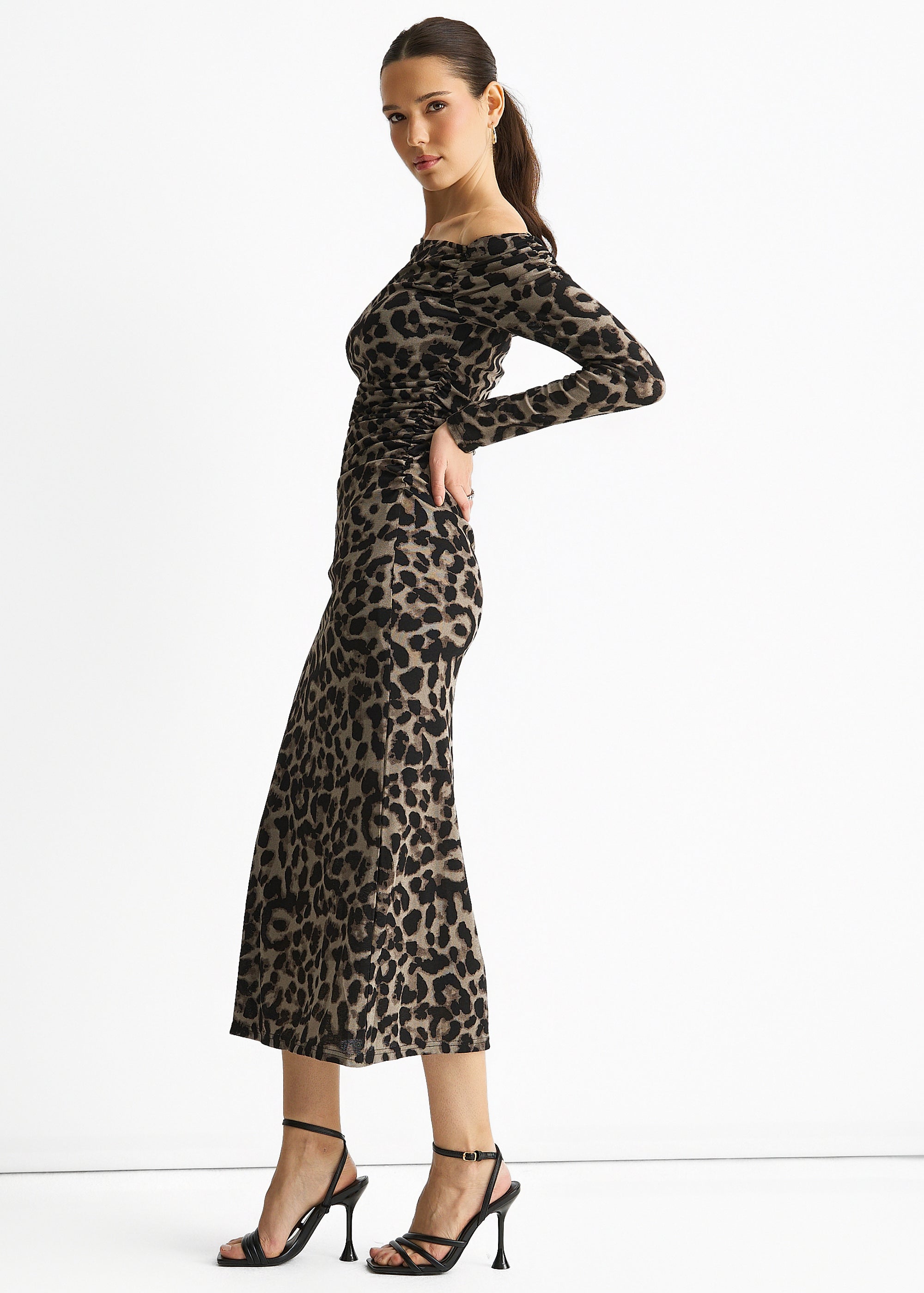 Grey Animal Jersey Animal One Shoulder Midi Dress