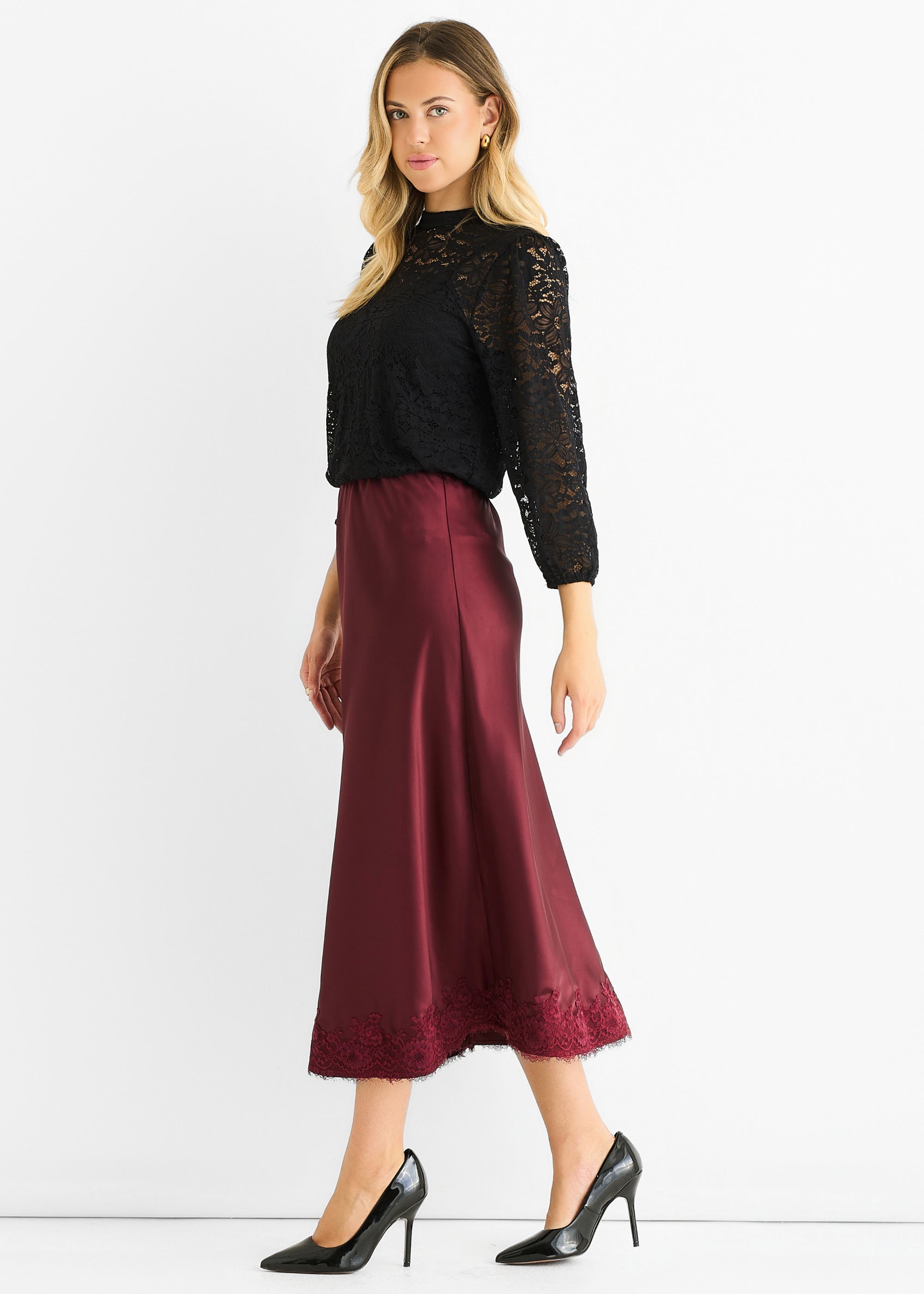 Black High Neck Jersey Lace Loose Fit Blouse