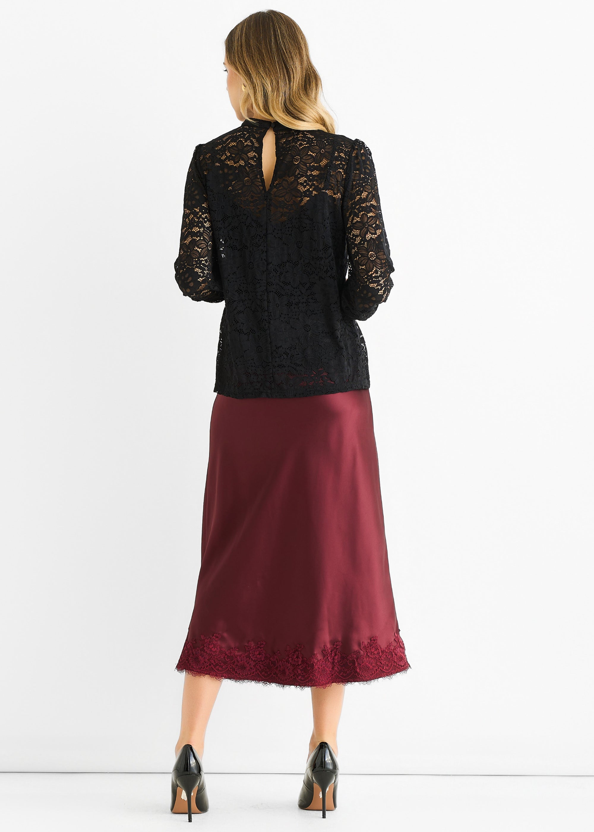Black High Neck Jersey Lace Loose Fit Blouse