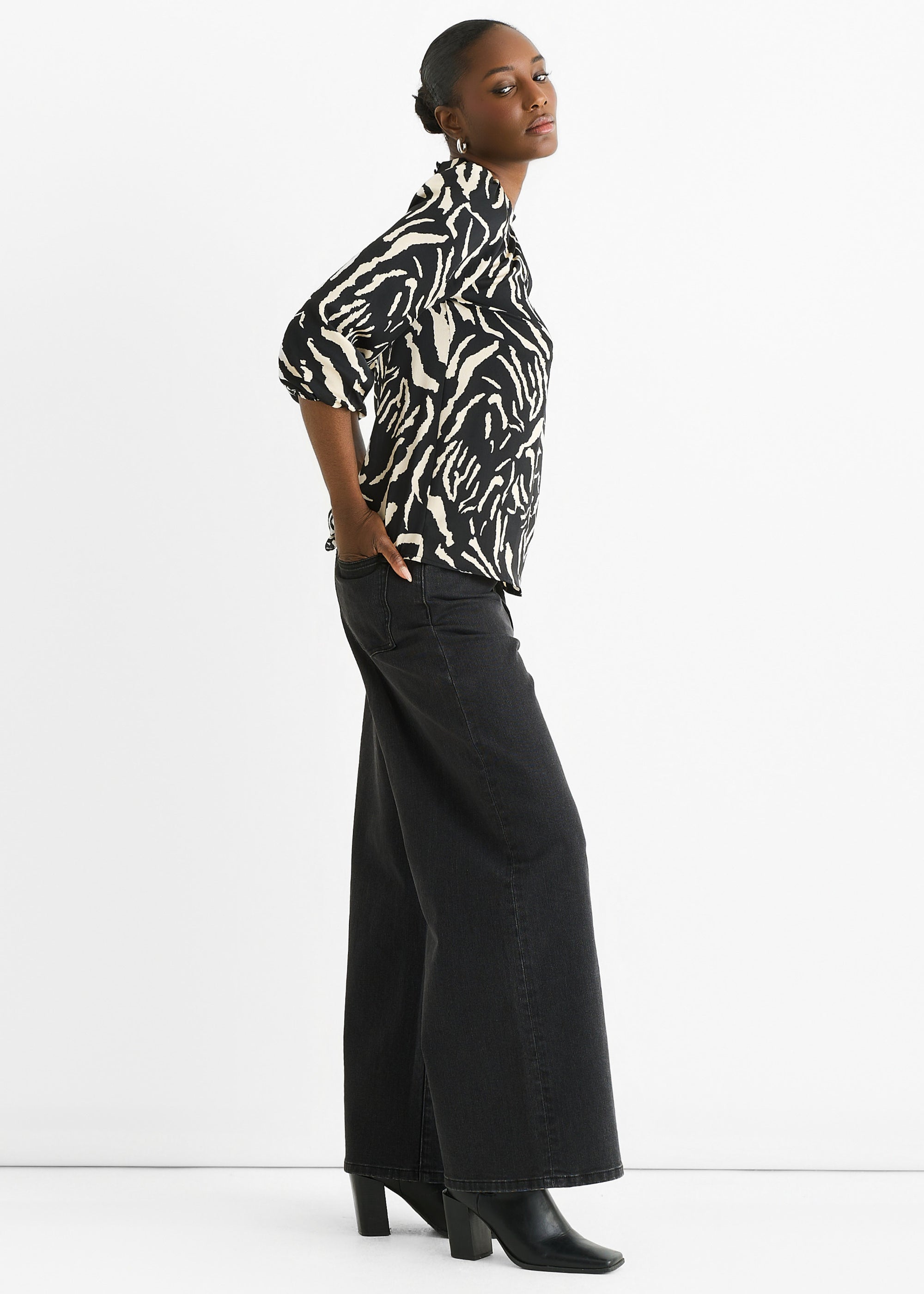 Black Animal High Neck Satin Blouse