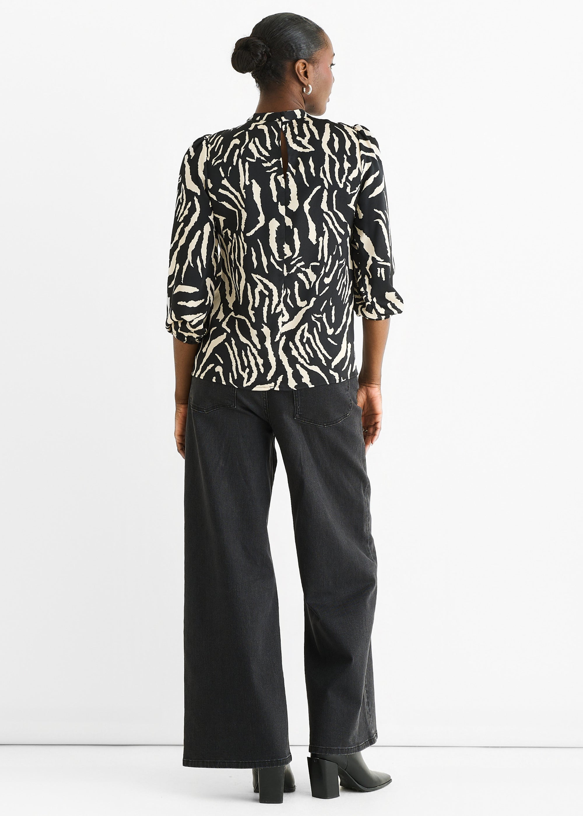 Black Animal High Neck Satin Blouse