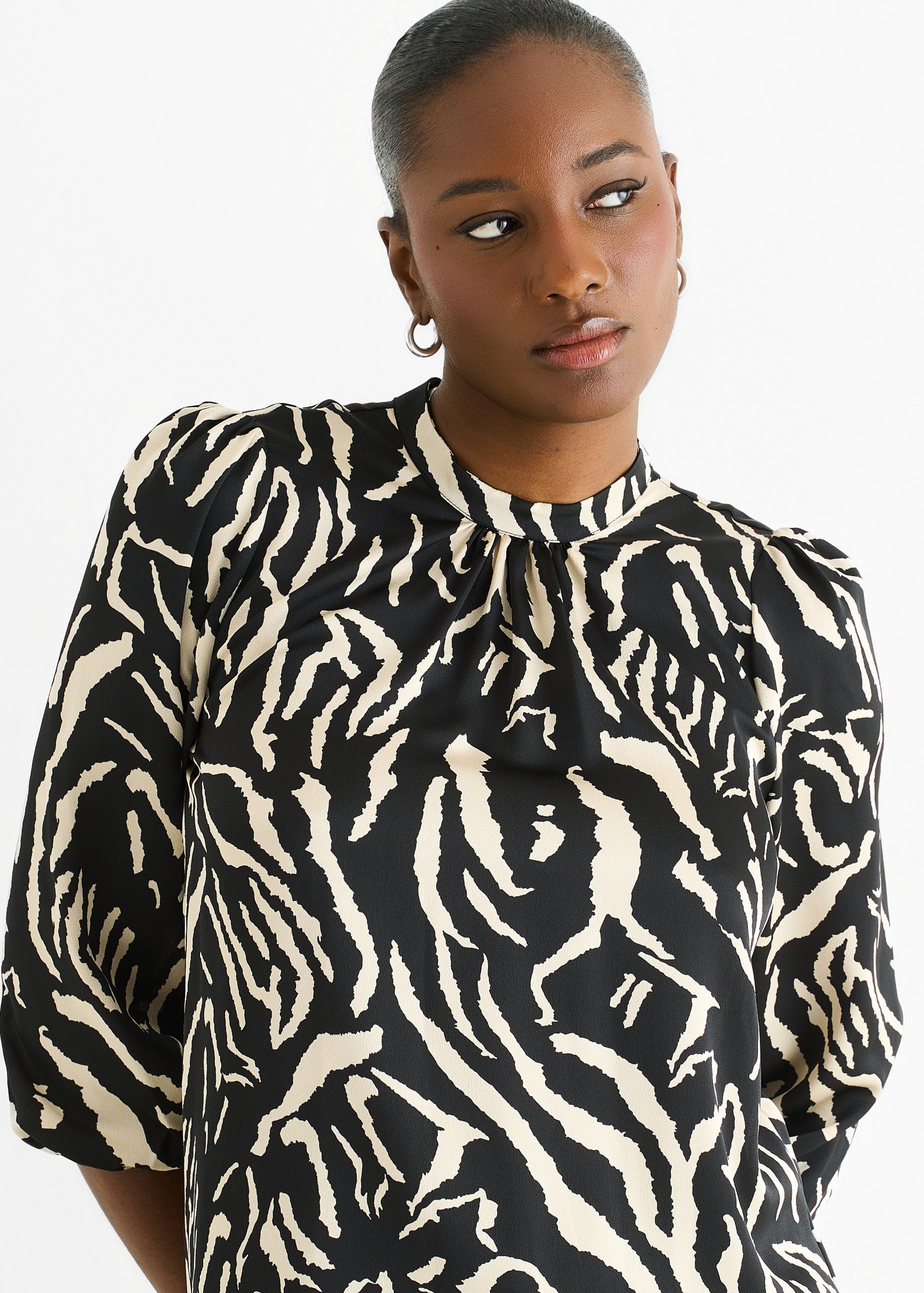 Black Animal High Neck Satin Blouse