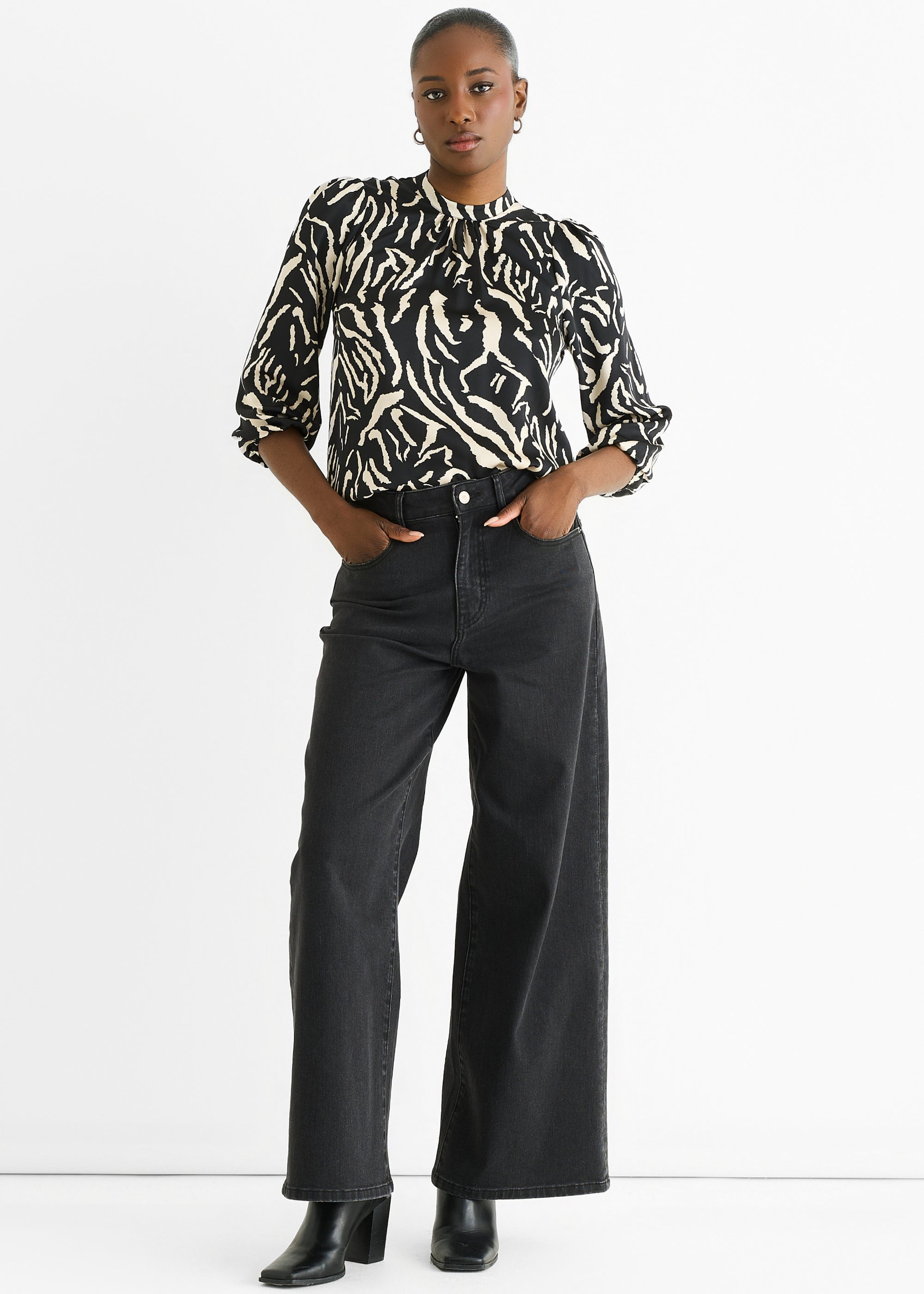 Black Animal High Neck Satin Blouse