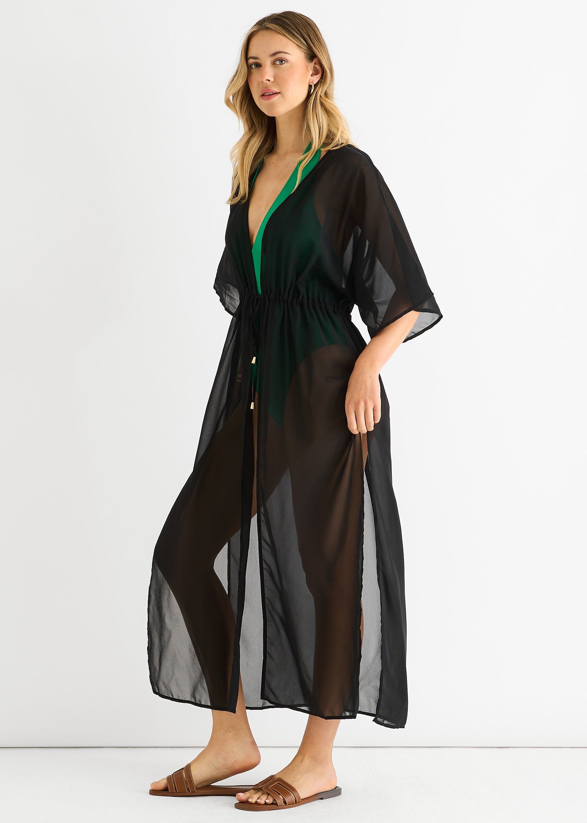 Black Flowy Open Front Beach Cover Kimono