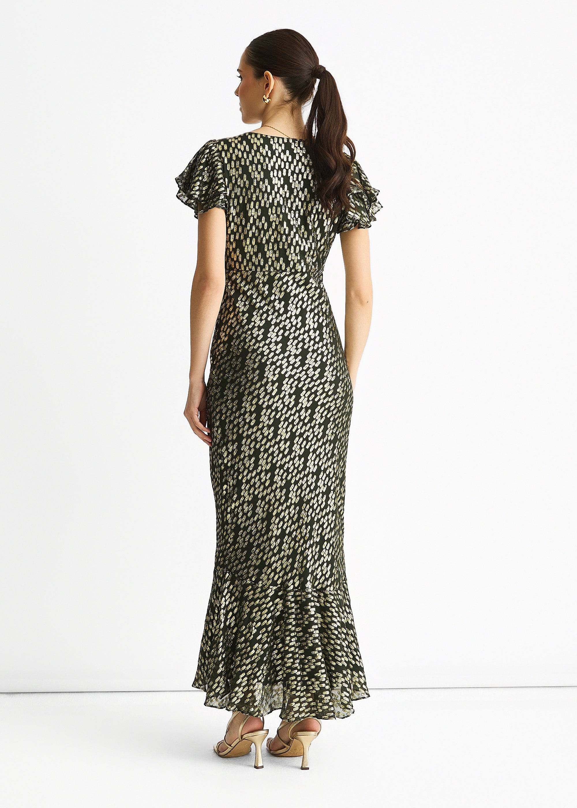 Dark Green Viscose Clipped Gold Jacquard Bias Cut Maxi Dress