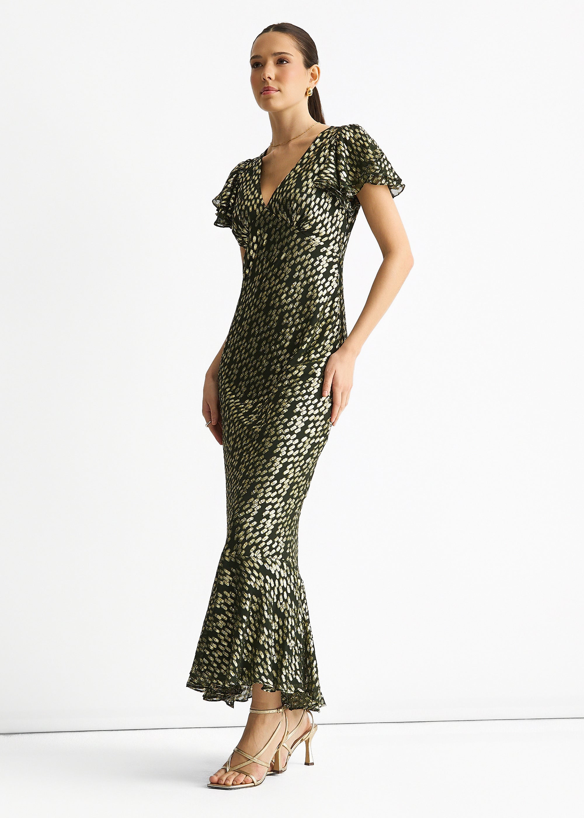 Dark Green Viscose Clipped Gold Jacquard Bias Cut Maxi Dress