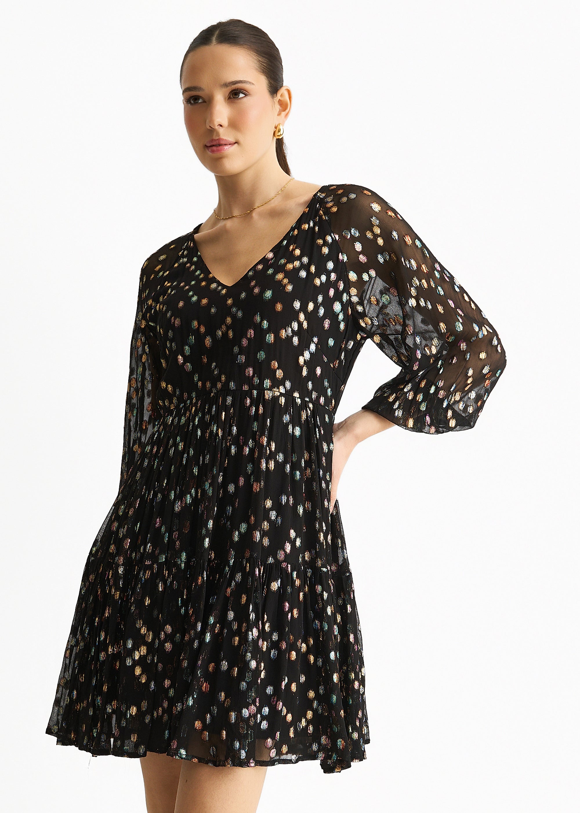 Black Multicolored Spot Viscose Clipped Jacquard Mini Tiered Dress