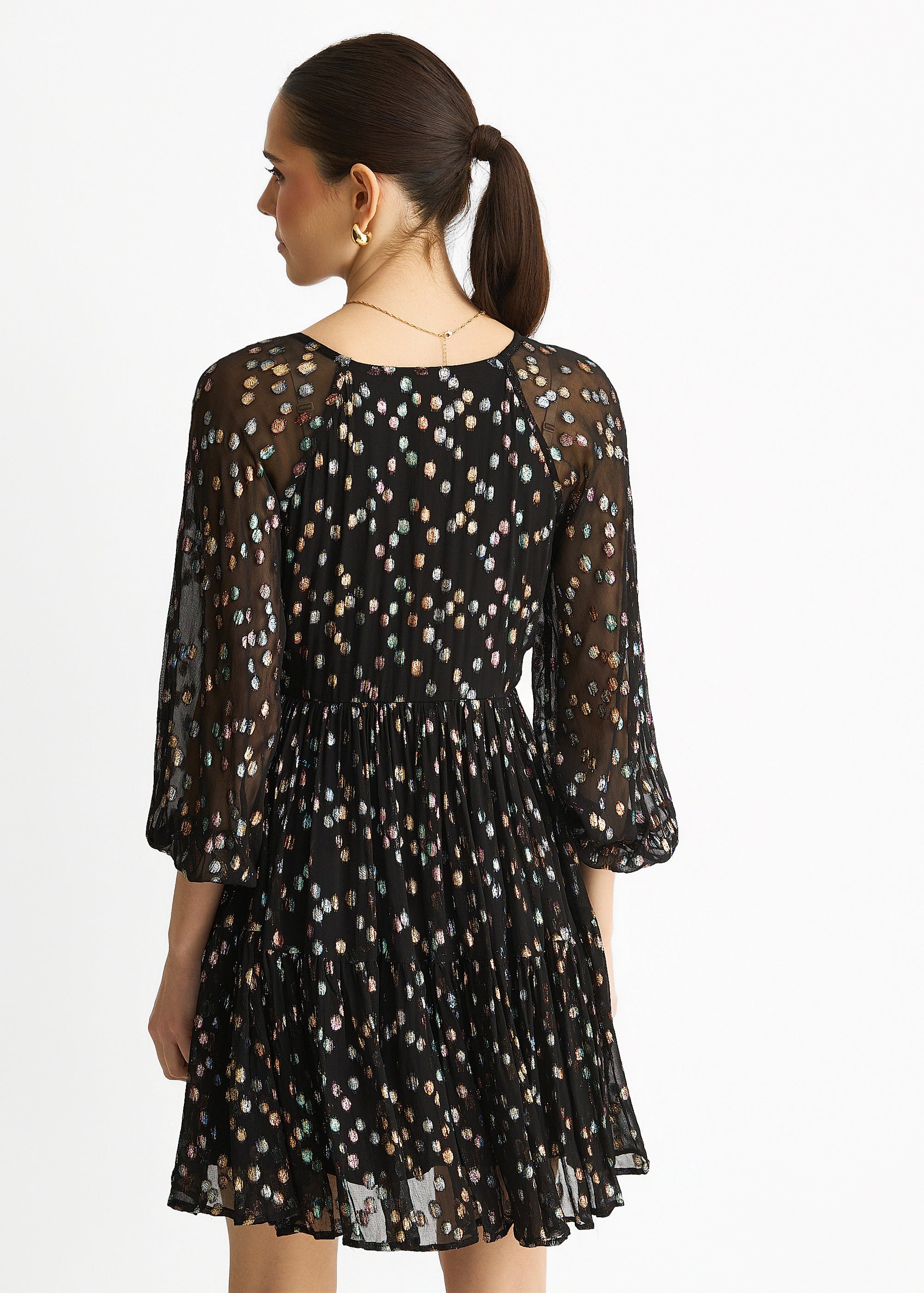 Black Multicolored Spot Viscose Clipped Jacquard Mini Tiered Dress