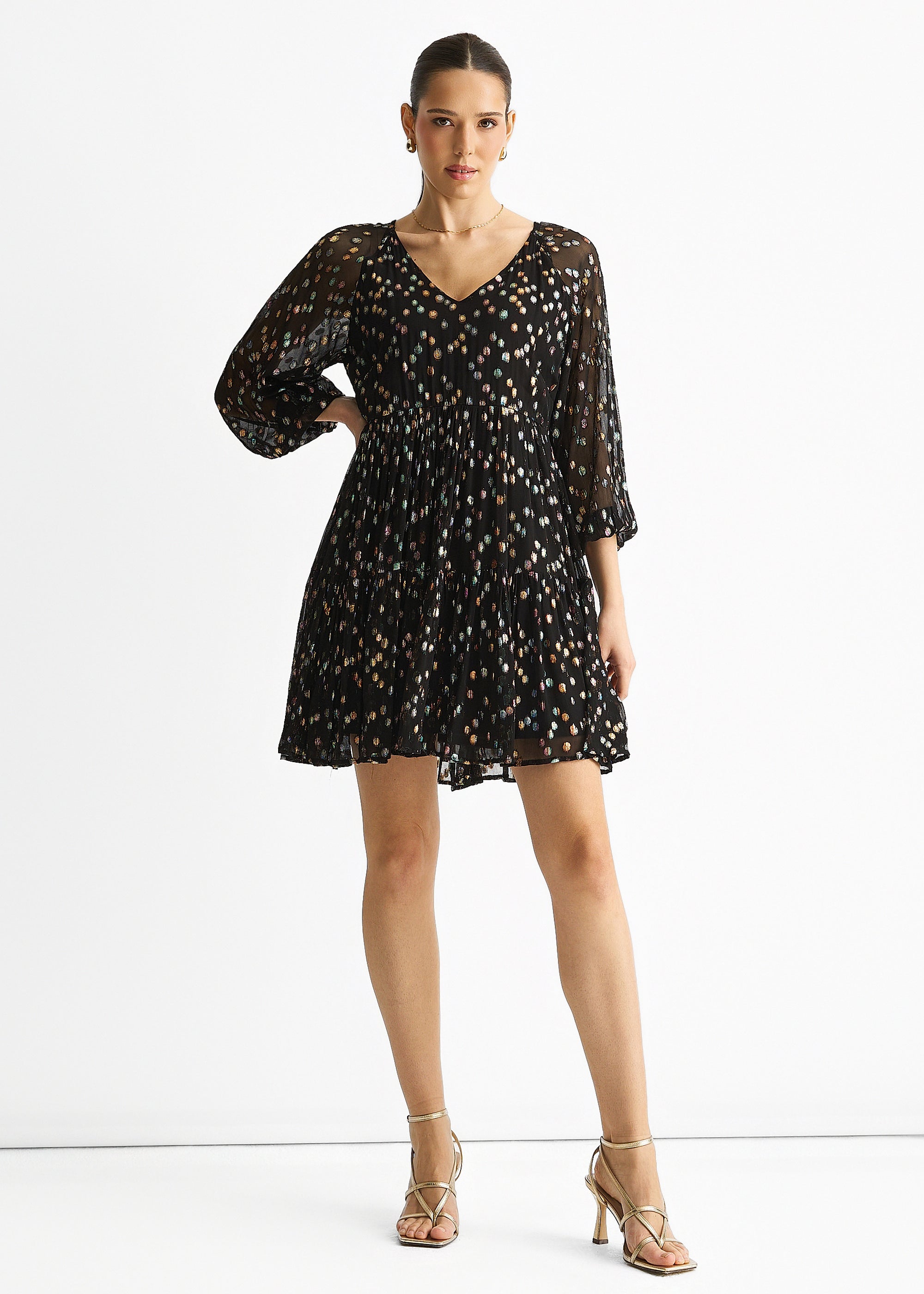 Black Multicolored Spot Viscose Clipped Jacquard Mini Tiered Dress