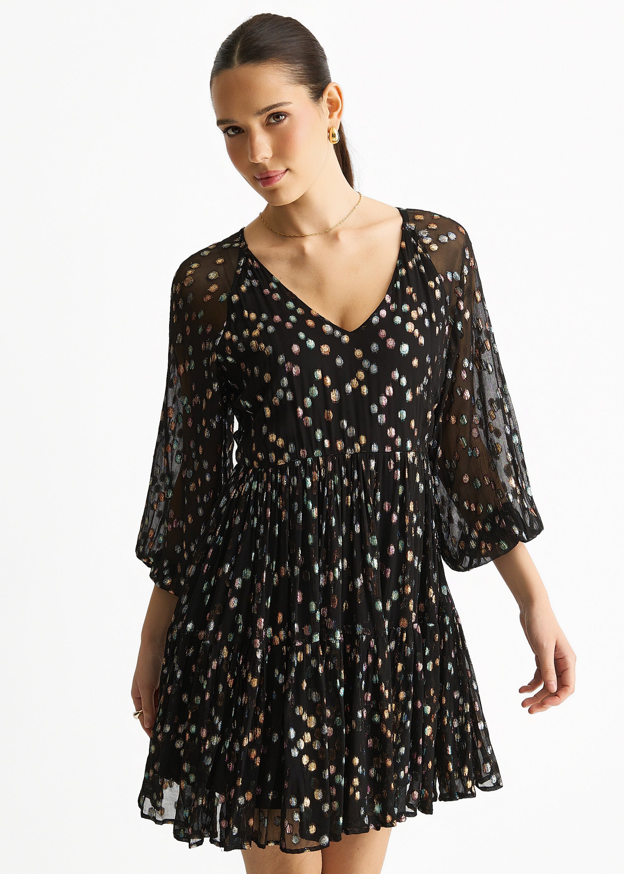 Black Multicolored Spot Viscose Clipped Jacquard Mini Tiered Dress