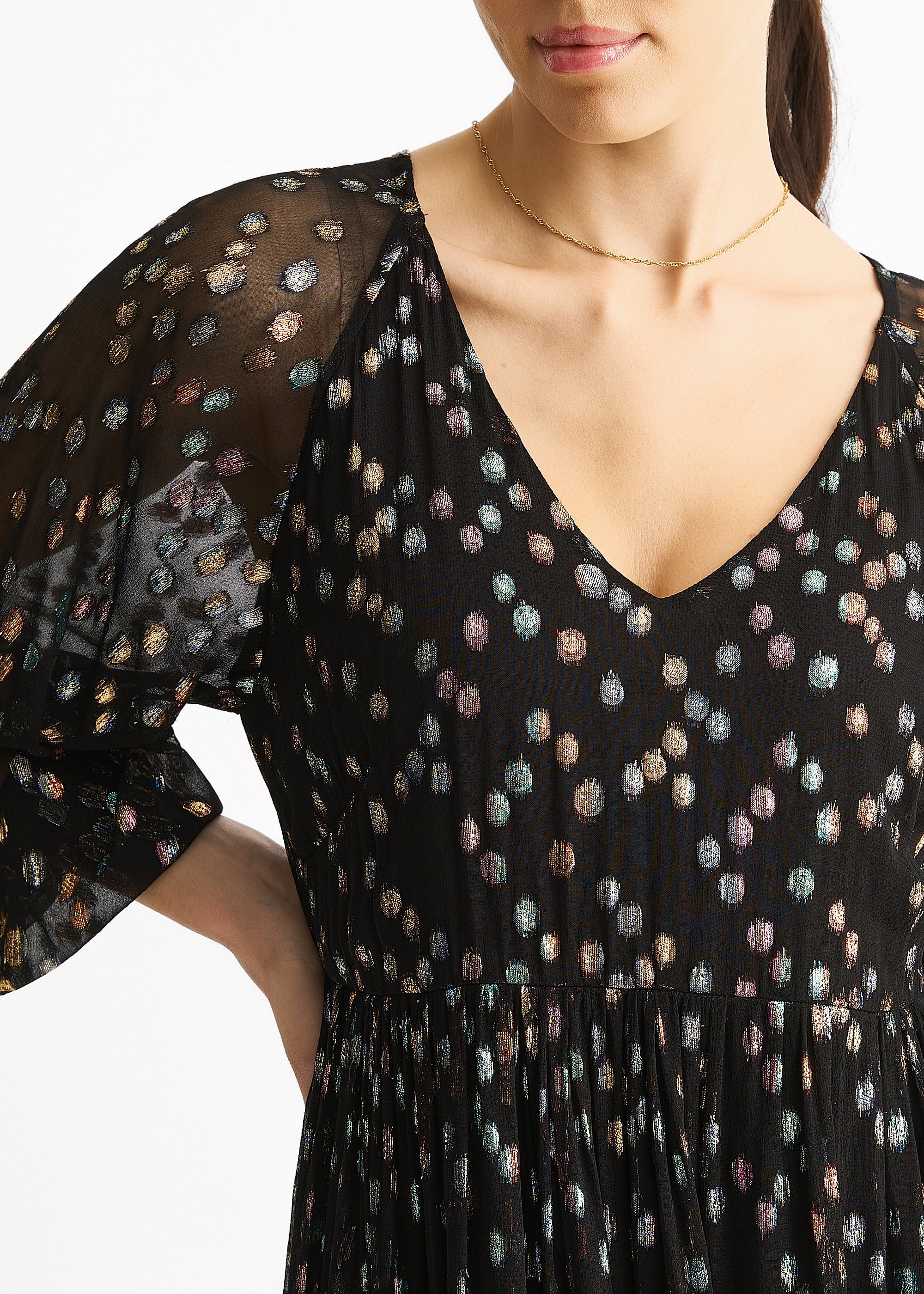 Black Multicolored Spot Viscose Clipped Jacquard Mini Tiered Dress