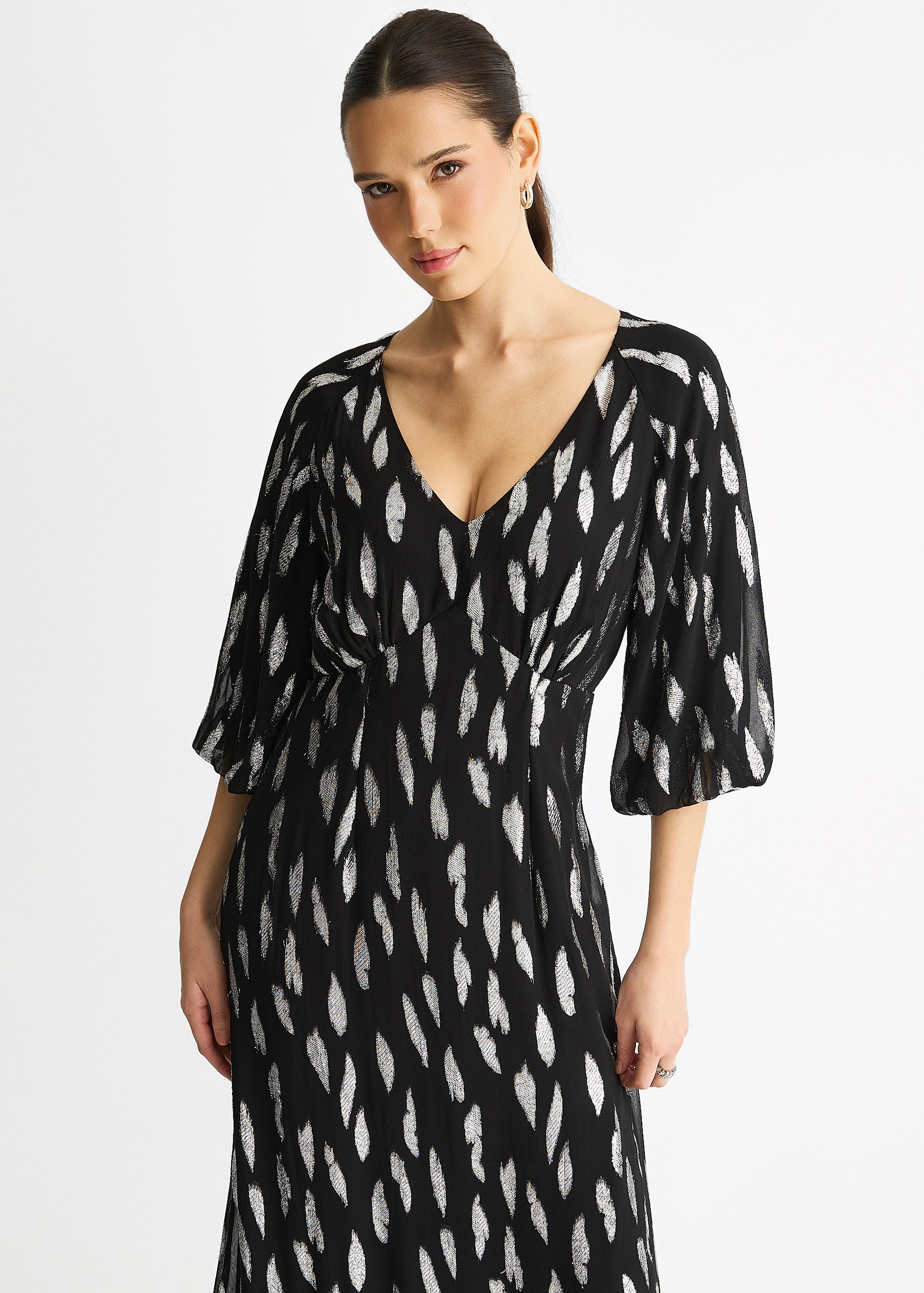 Black Viscose Clipped Balloon Sleeve Maxi Dress