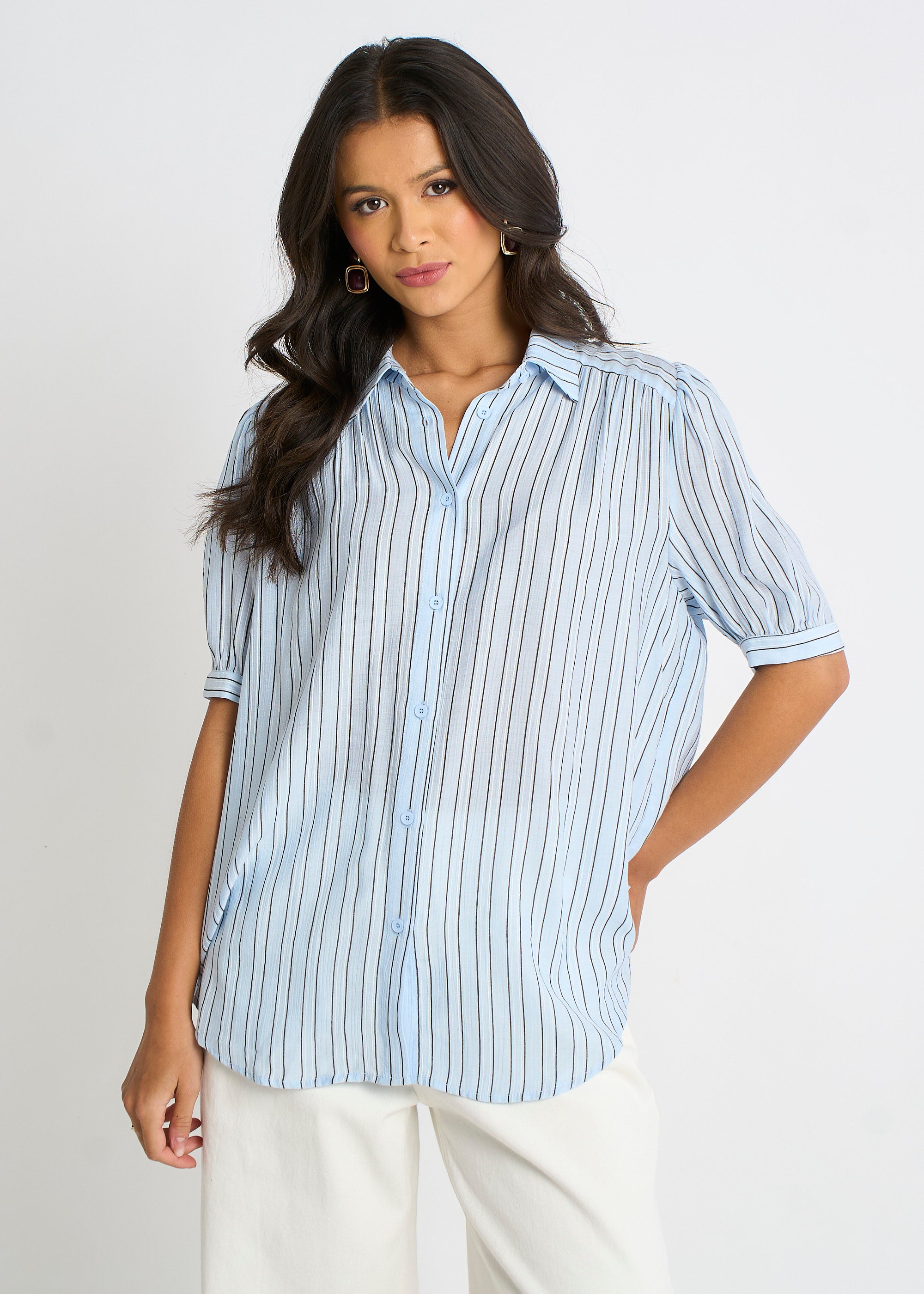 Blue Pinstripe Soft Touch Puff Sleeves Shirt