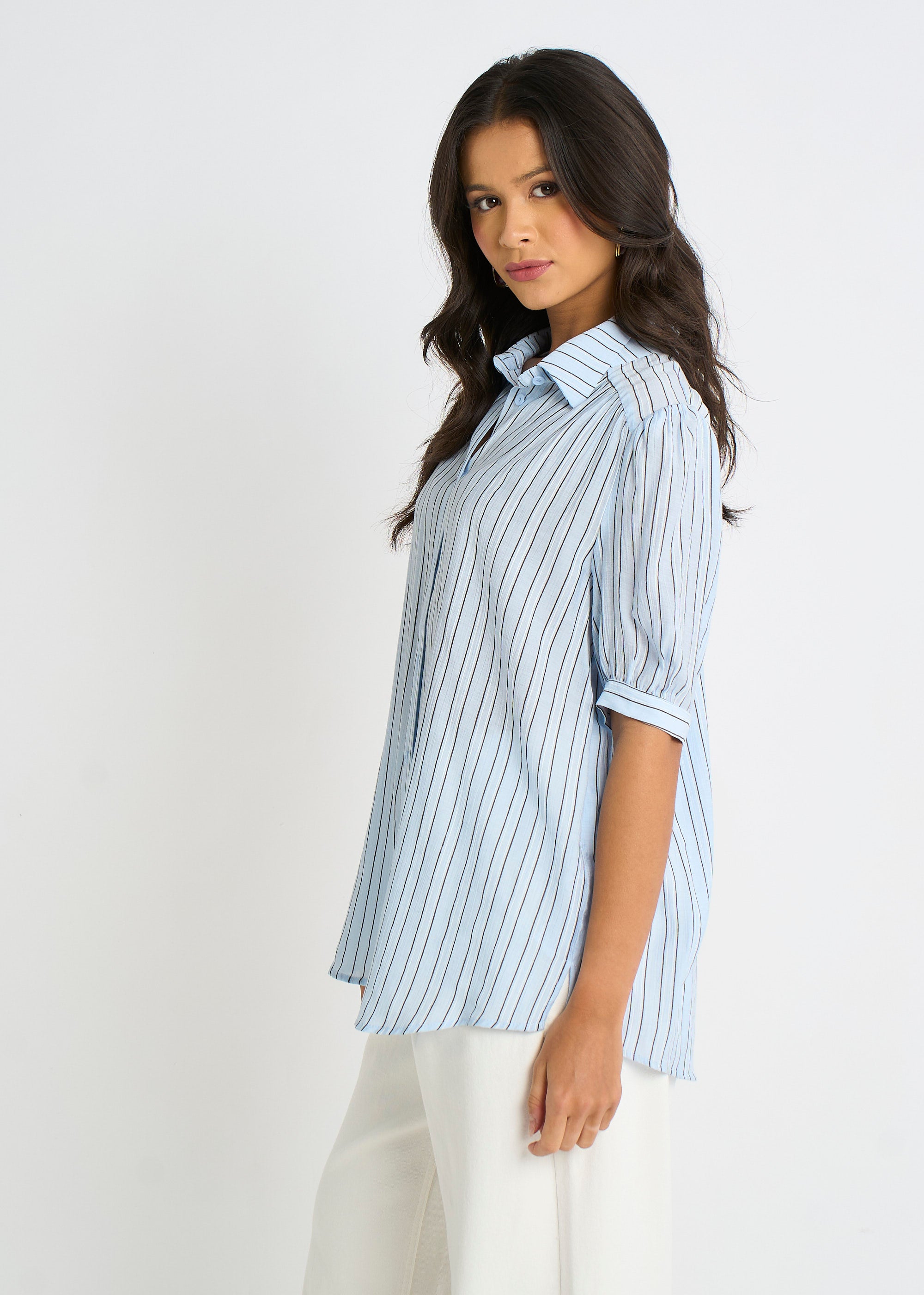 Blue Pinstripe Soft Touch Puff Sleeves Shirt