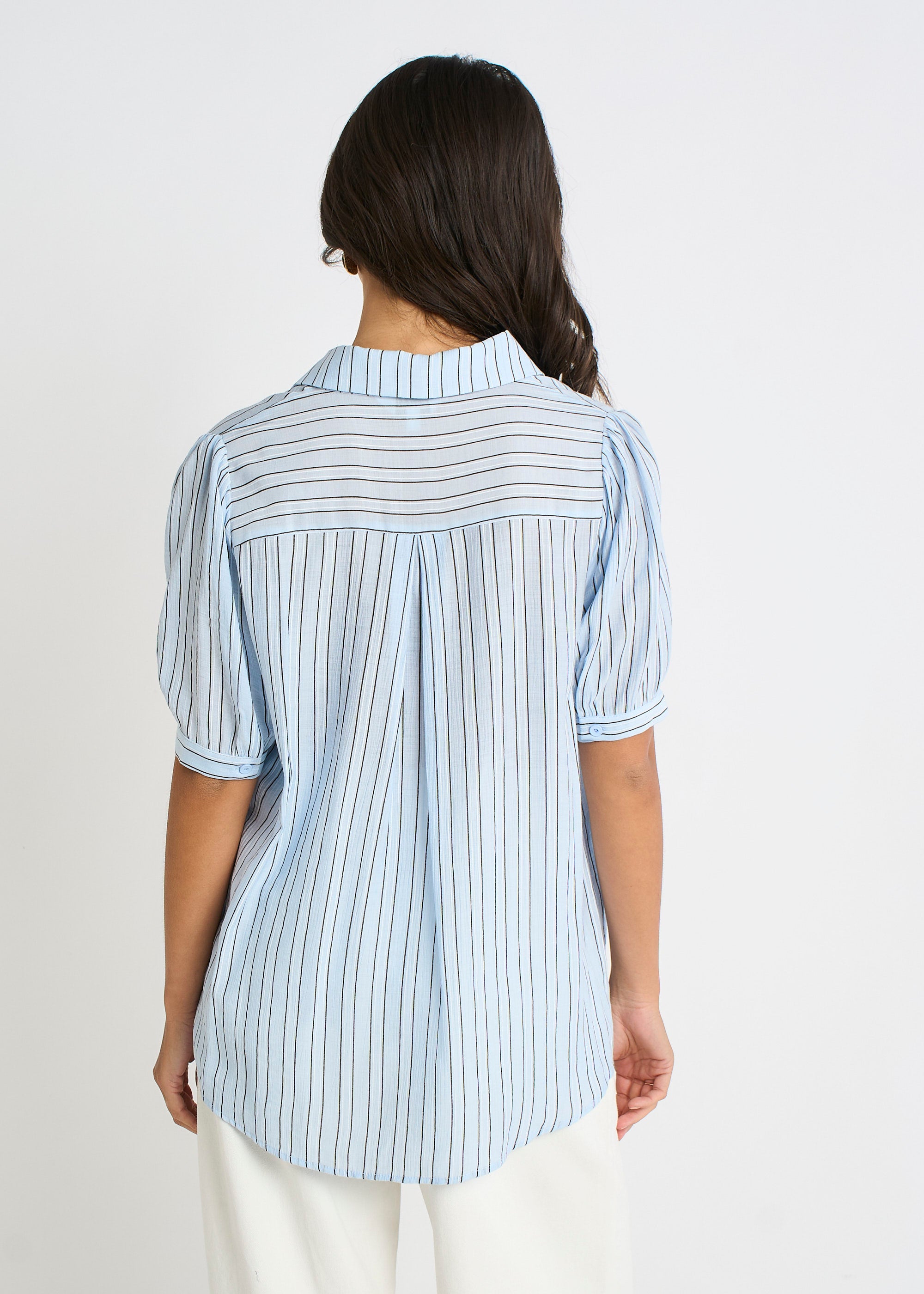 Blue Pinstripe Soft Touch Puff Sleeves Shirt