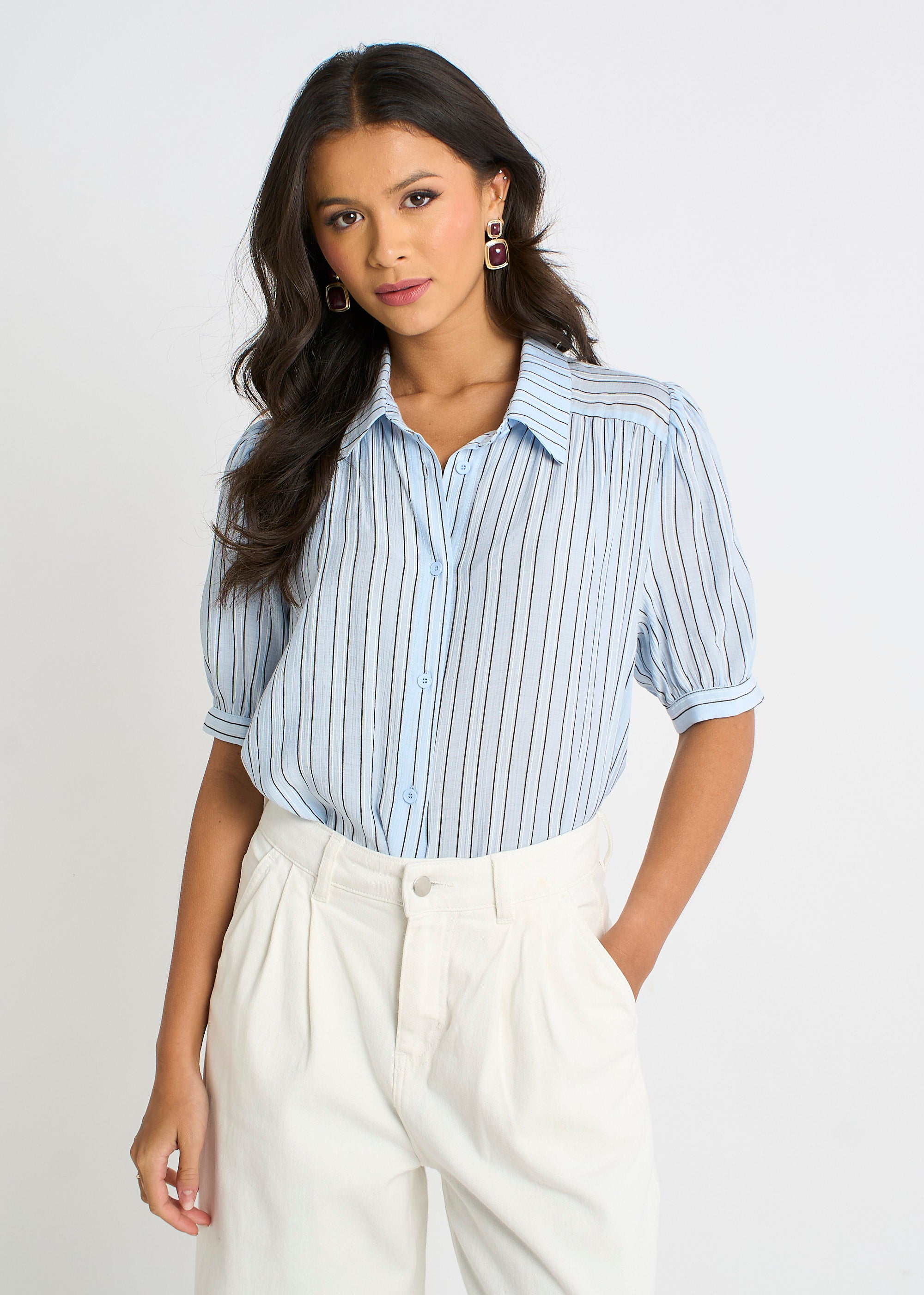 Blue Pinstripe Soft Touch Puff Sleeves Shirt