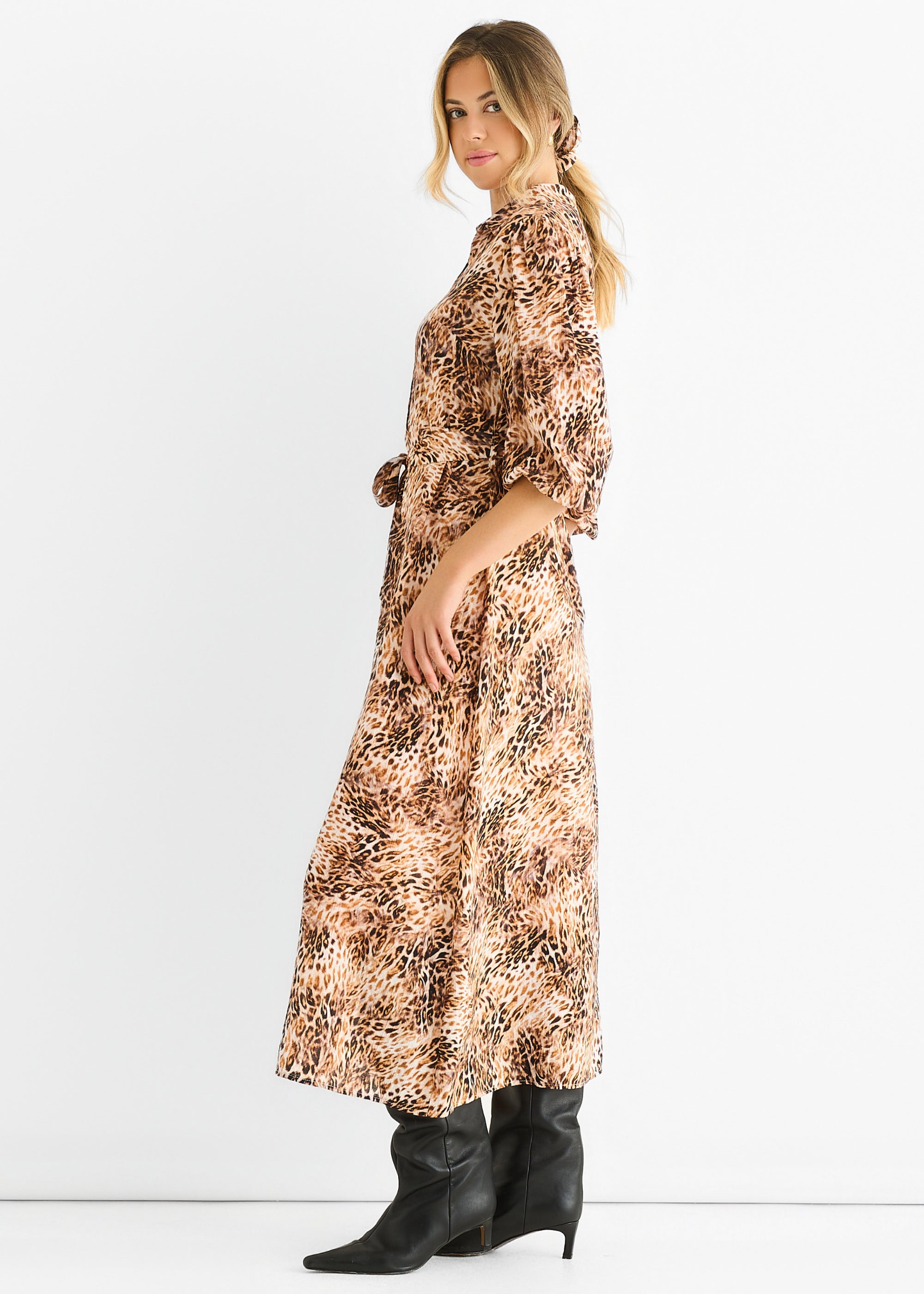 Brown Animal Printed Shirt Midi Dress