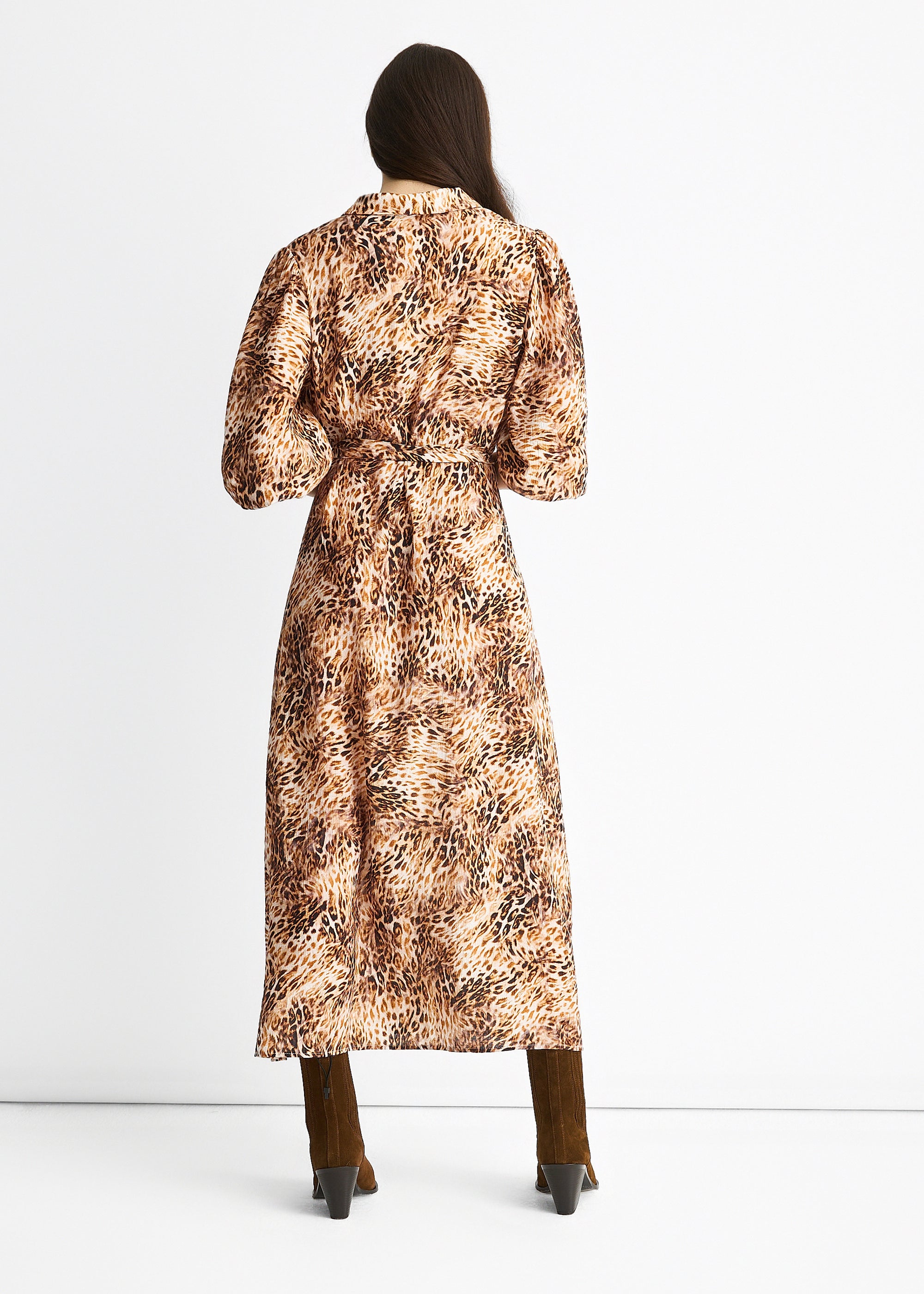 Brown Animal Printed Shirt Midi Dress